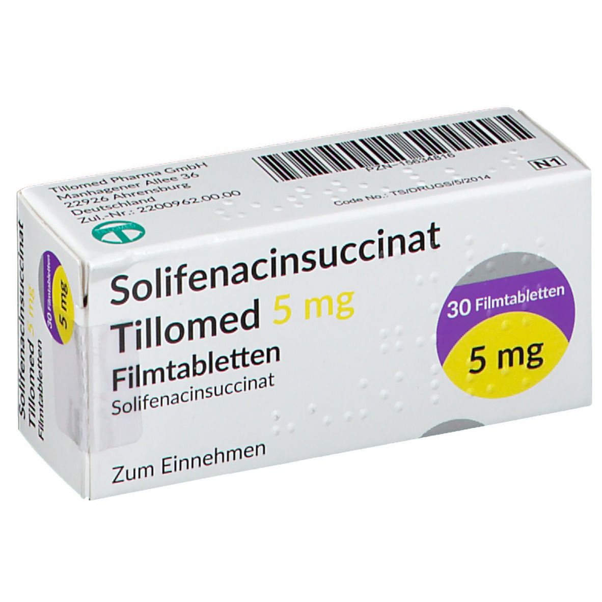 Schachtel mit Solifenacinsuccinat Tillomed 5 mg Filmtabletten. Aufschrift: 30 Filmtabletten, 5 mg. Grün-weiße Verpackung.