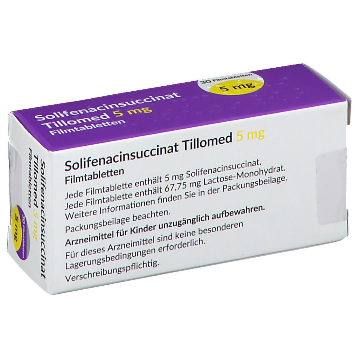 Verpackung von Solifenacinsuccinat Tillomed 5 mg Filmtabletten. Aufschrift: 5 mg, 30 Filmtabletten. Lila-weiße Verpackung mit Text.