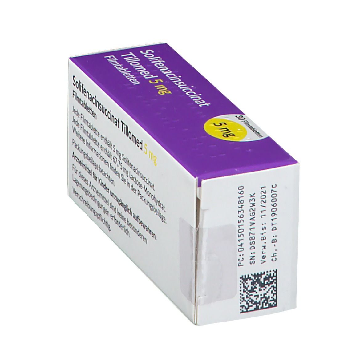 Schachtel von Solifenacinsuccinat Tillomed 5 mg Filmtabletten. Aufschrift: 5 mg. Lila-weiße Verpackung mit Text und Barcode.