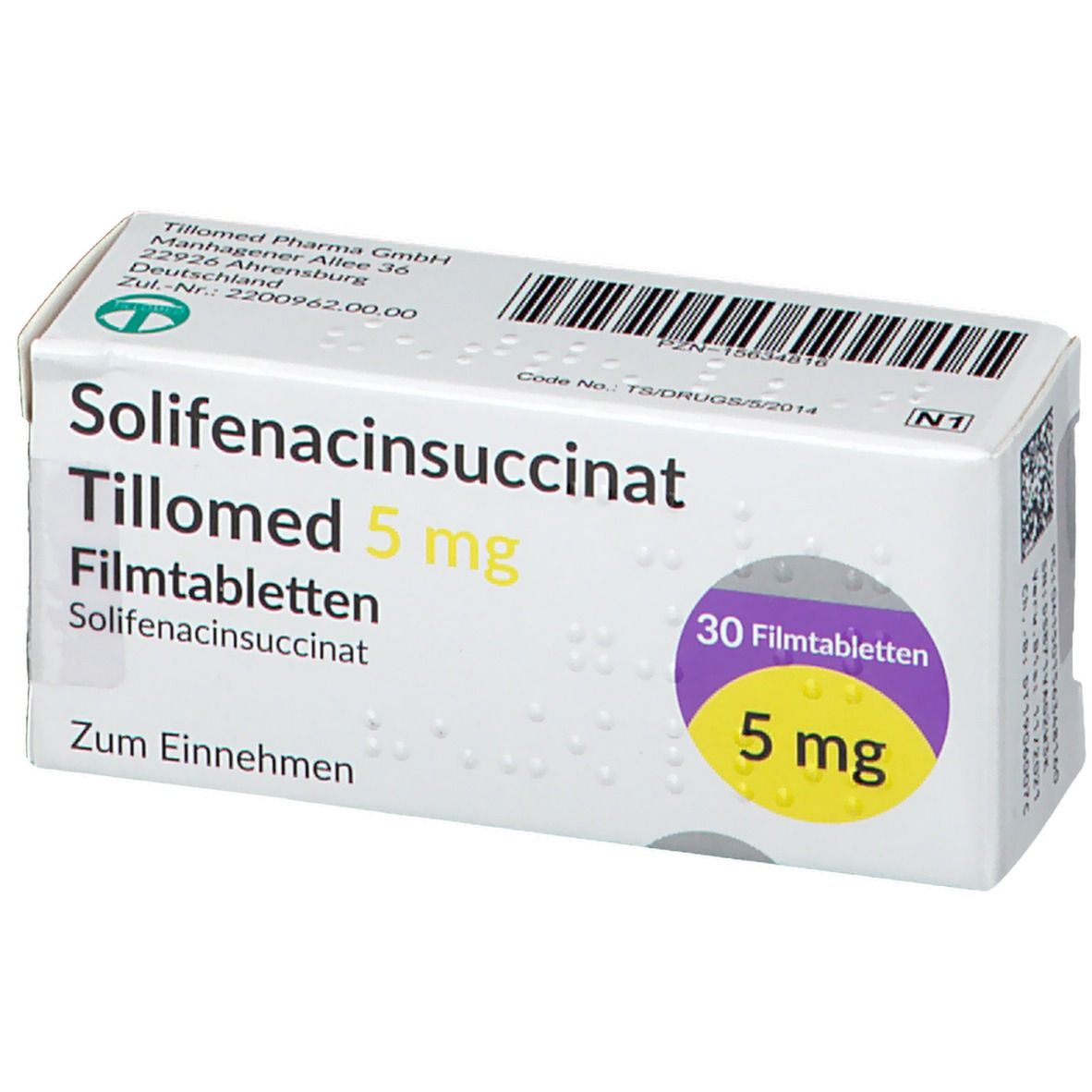 Schachtel mit Solifenacinsuccinat Tillomed 5 mg Filmtabletten. Aufschrift: 30 Filmtabletten, 5 mg. Grün-weiße Verpackung.