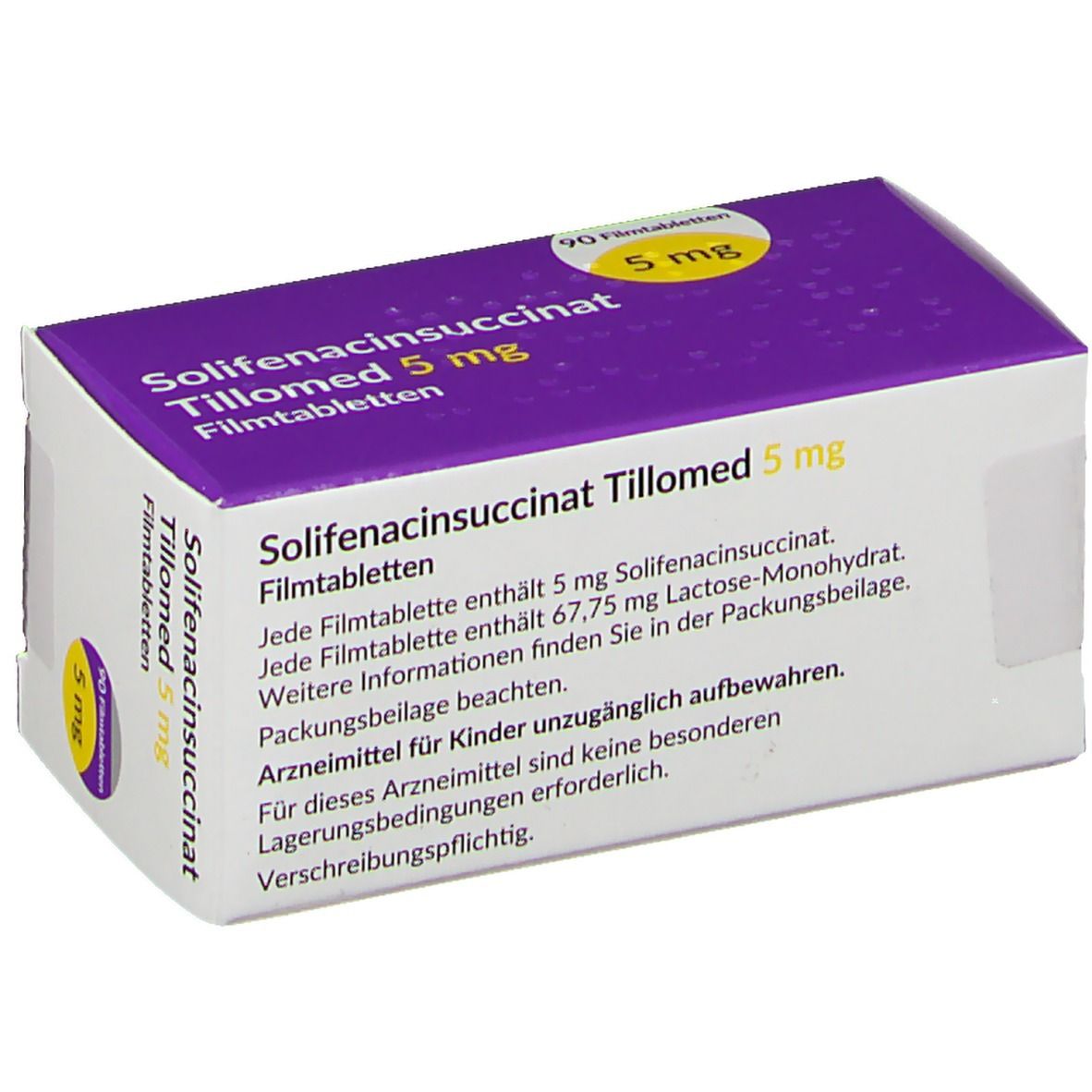 Schachtel mit Solifenacinsuccinat Tillomed 5 mg Filmtabletten. Lila Deckel mit gelbem 5 mg Aufkleber. Text auf Deutsch.