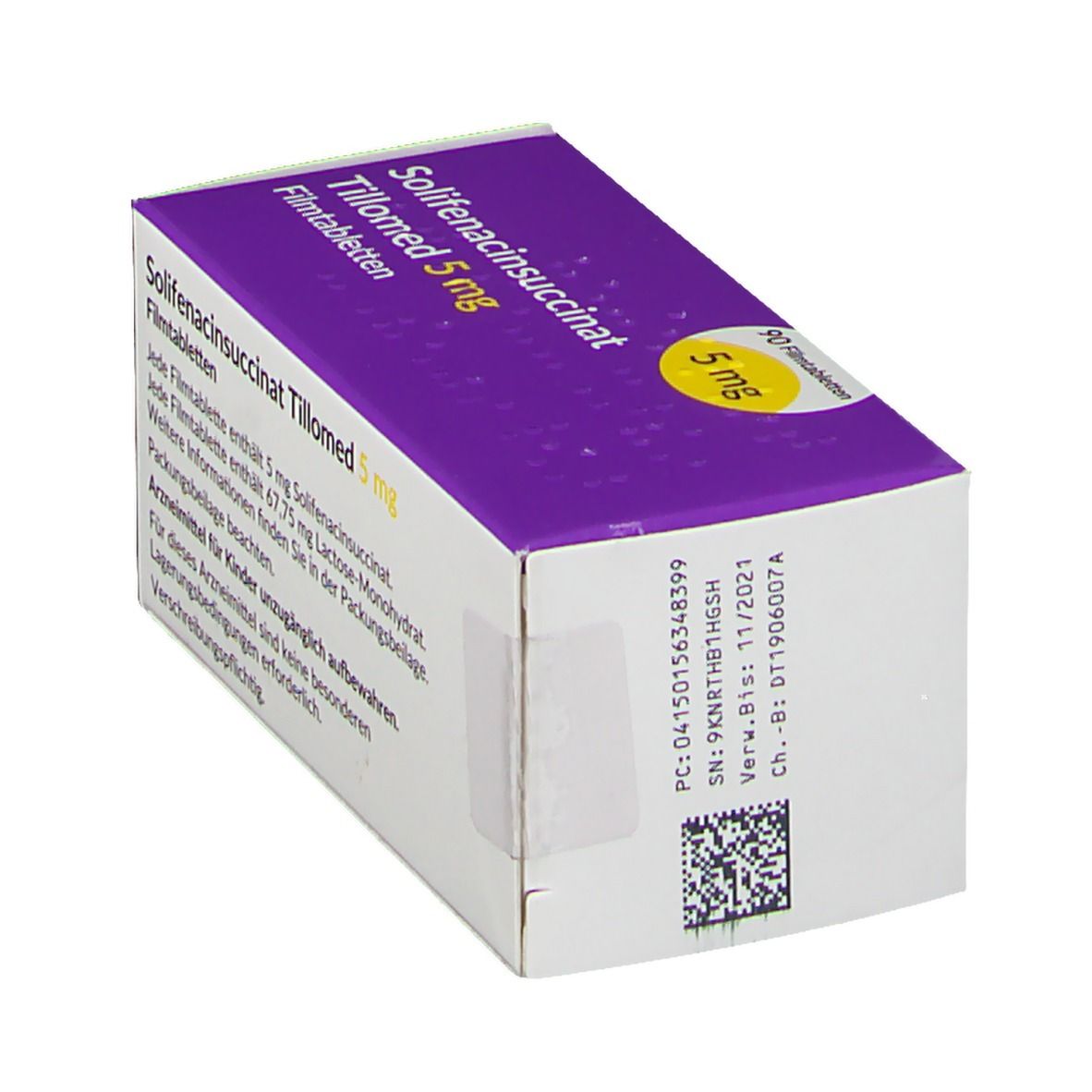 Schachtel mit Solifenacinsuccinat Tillomed 5 mg Filmtabletten. Lila Deckel mit gelbem 5 mg Aufkleber. Barcode und QR-Code.