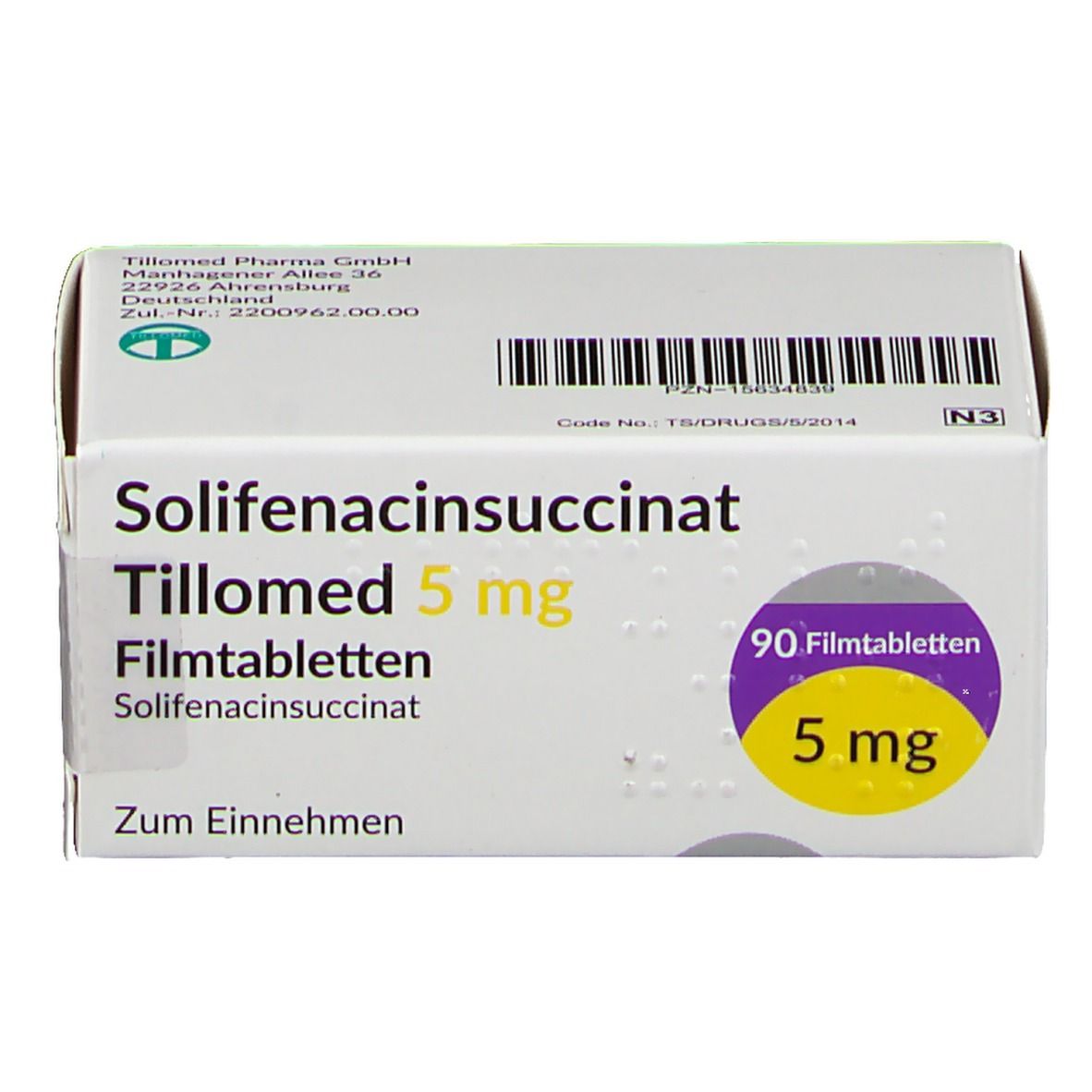 Schachtel mit Solifenacinsuccinat Tillomed 5 mg Filmtabletten. Gelber Aufkleber mit 5 mg. Text auf Deutsch.
