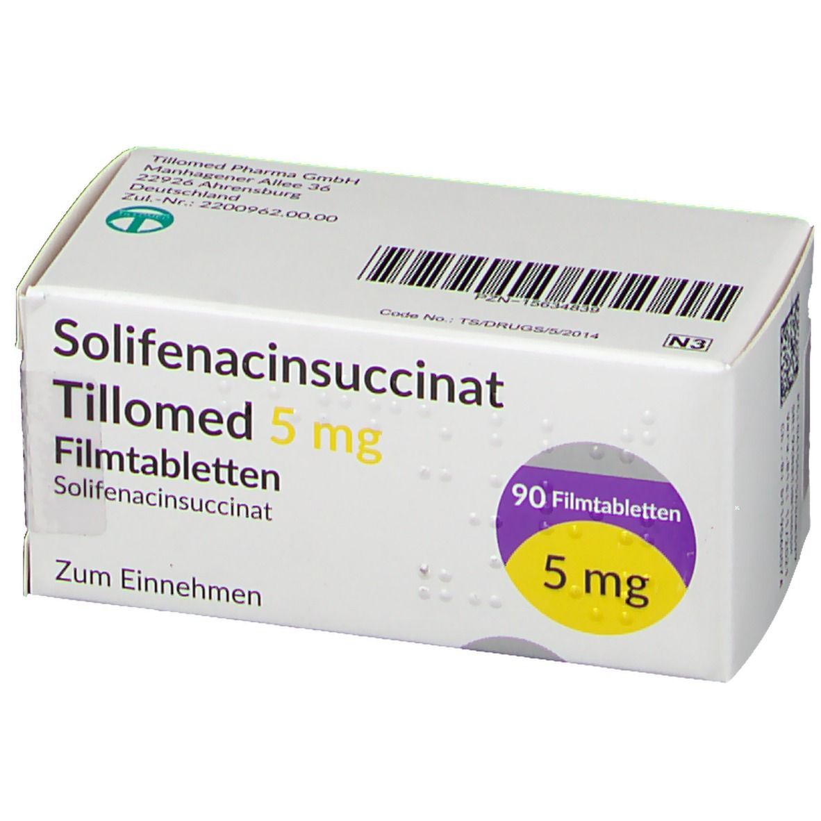 Schachtel mit Solifenacinsuccinat Tillomed 5 mg Filmtabletten. Gelber Aufkleber mit 5 mg. Text auf Deutsch.