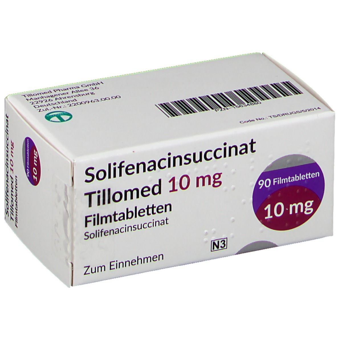 Schachtel mit Solifenacinsuccinat Tillomed 10 mg Filmtabletten. Aufdruck: 10 mg, 90 Filmtabletten. Weiße Schachtel mit lila Akzenten.