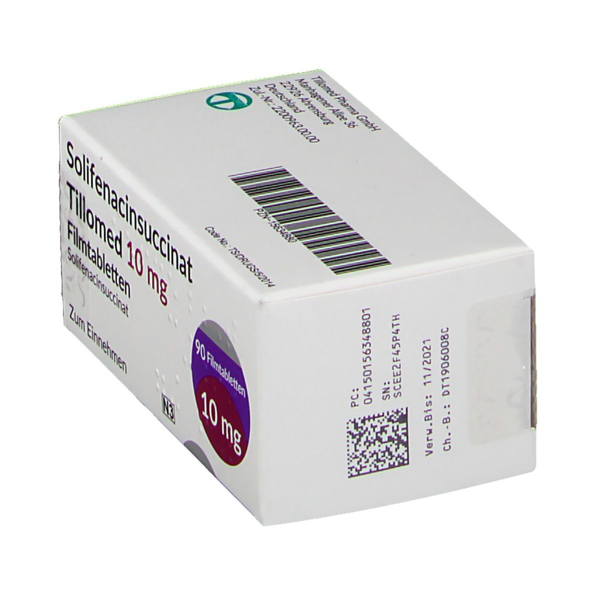 Schachtel mit Solifenacinsuccinat Tillomed 10 mg Filmtabletten. Aufdruck: 10 mg, 90 Filmtabletten. Weiße Schachtel mit lila Akzenten.