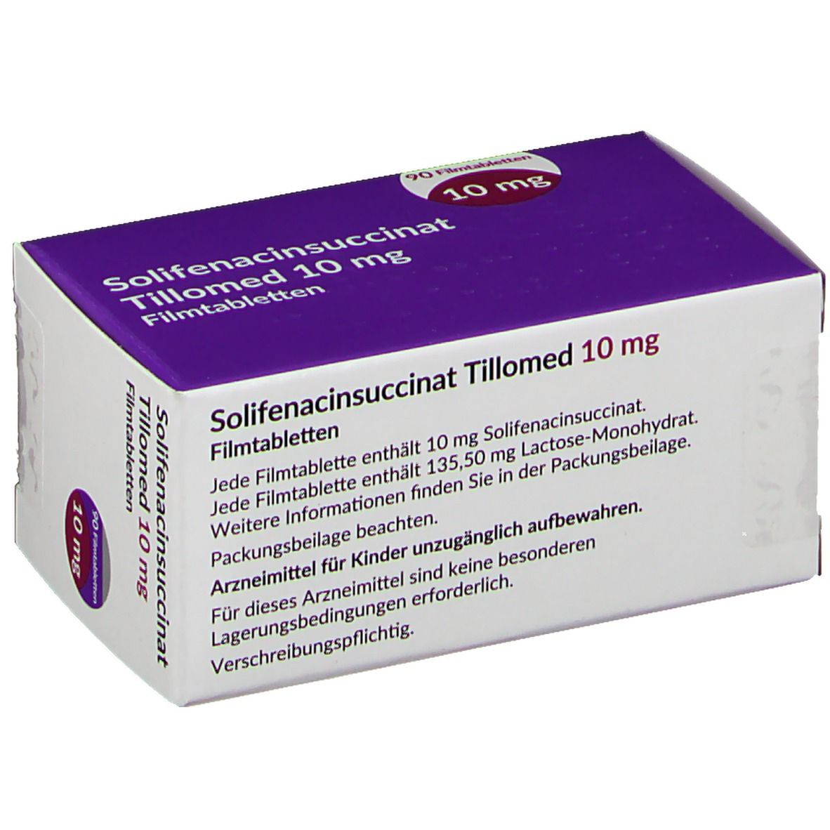 Schachtel mit Solifenacinsuccinat Tillomed 10 mg Filmtabletten. Aufdruck: 10 mg, 90 Filmtabletten. Weiße Schachtel mit lila Akzenten.