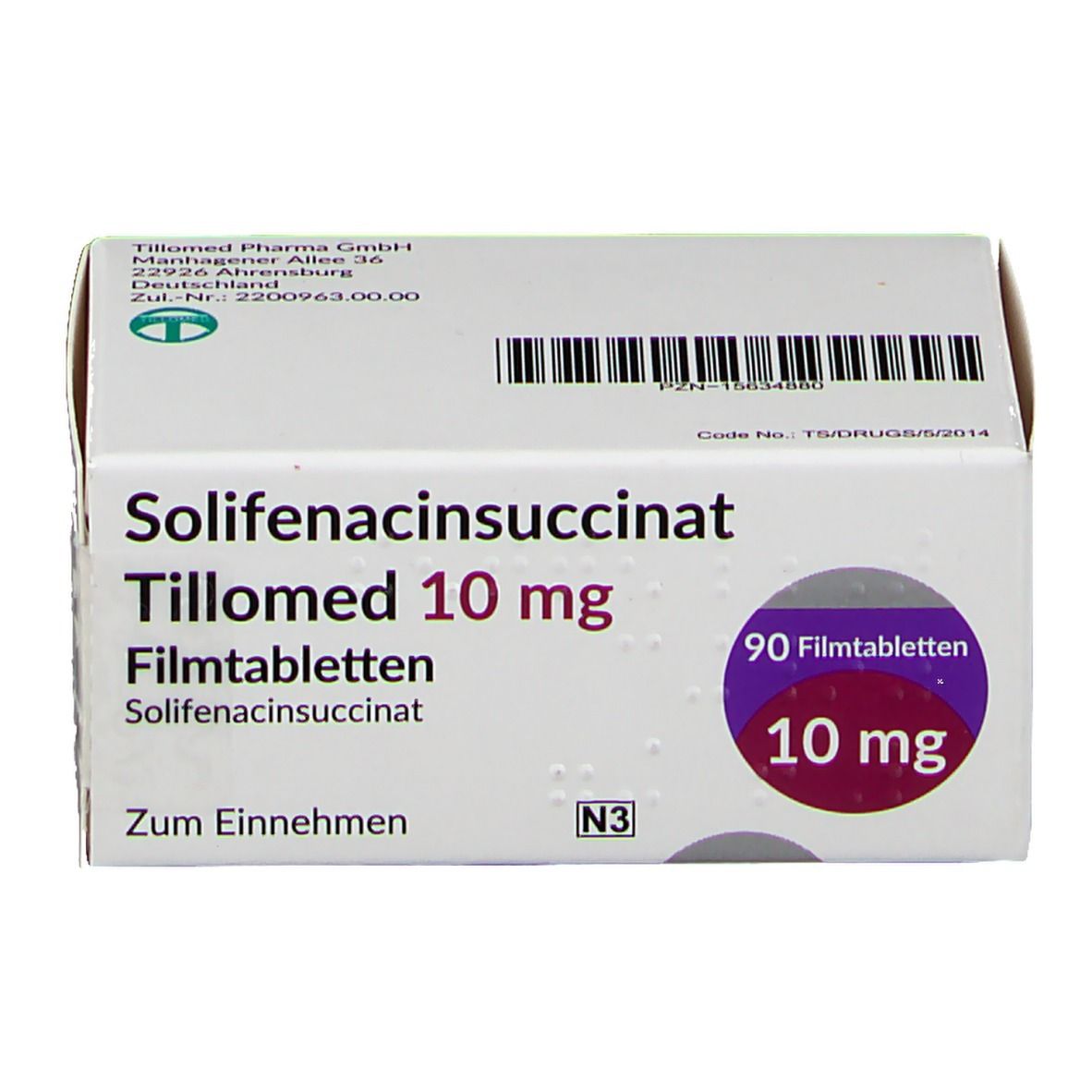Schachtel mit Solifenacinsuccinat Tillomed 10 mg Filmtabletten. Aufdruck: 10 mg, 90 Filmtabletten. Weiße Schachtel mit lila Akzenten.