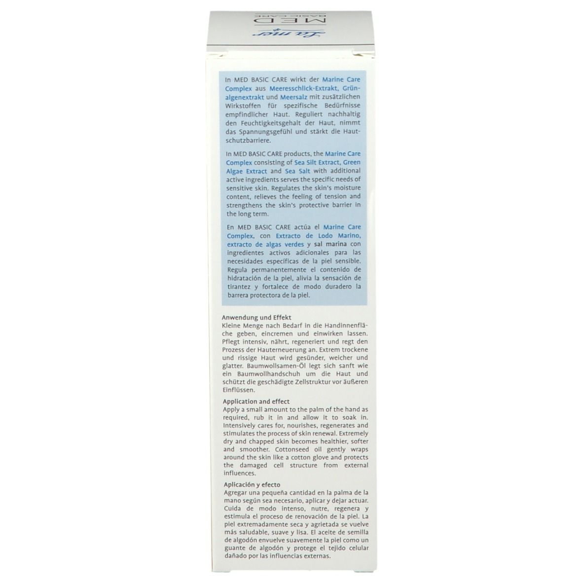 Kartonverpackung. Text über Marine Care Complex. Anwendung und Effekt. Anwendung in Deutsch, Englisch und Spanisch.