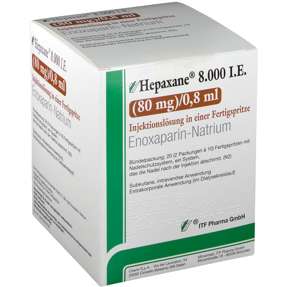 Weißer Karton mit grünen Akzenten. Aufschrift: Hepaxane 8.000 I.E. (80 mg)/0,8 ml. Injektionslösung in Fertigspritze. Enoxaparin-Natrium.