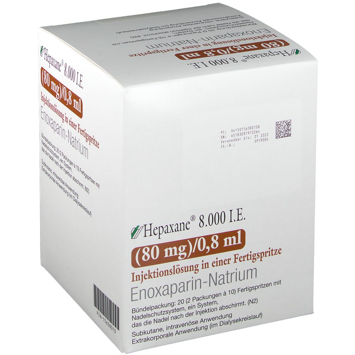 Weißer Karton mit grünen Akzenten. Aufschrift: Hepaxane 8.000 I.E. (80 mg)/0,8 ml. Injektionslösung in Fertigspritze. Enoxaparin-Natrium. Details.