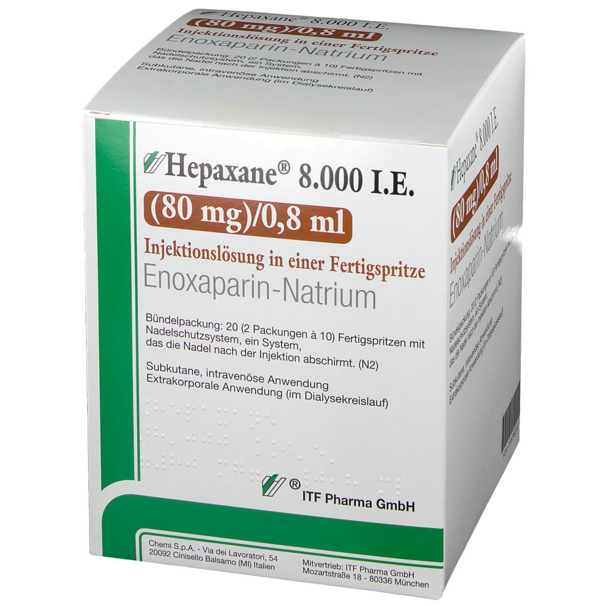 Weißer Karton mit grünen Akzenten. Aufschrift: Hepaxane 8.000 I.E. (80 mg)/0,8 ml. Injektionslösung in Fertigspritze. Enoxaparin-Natrium.