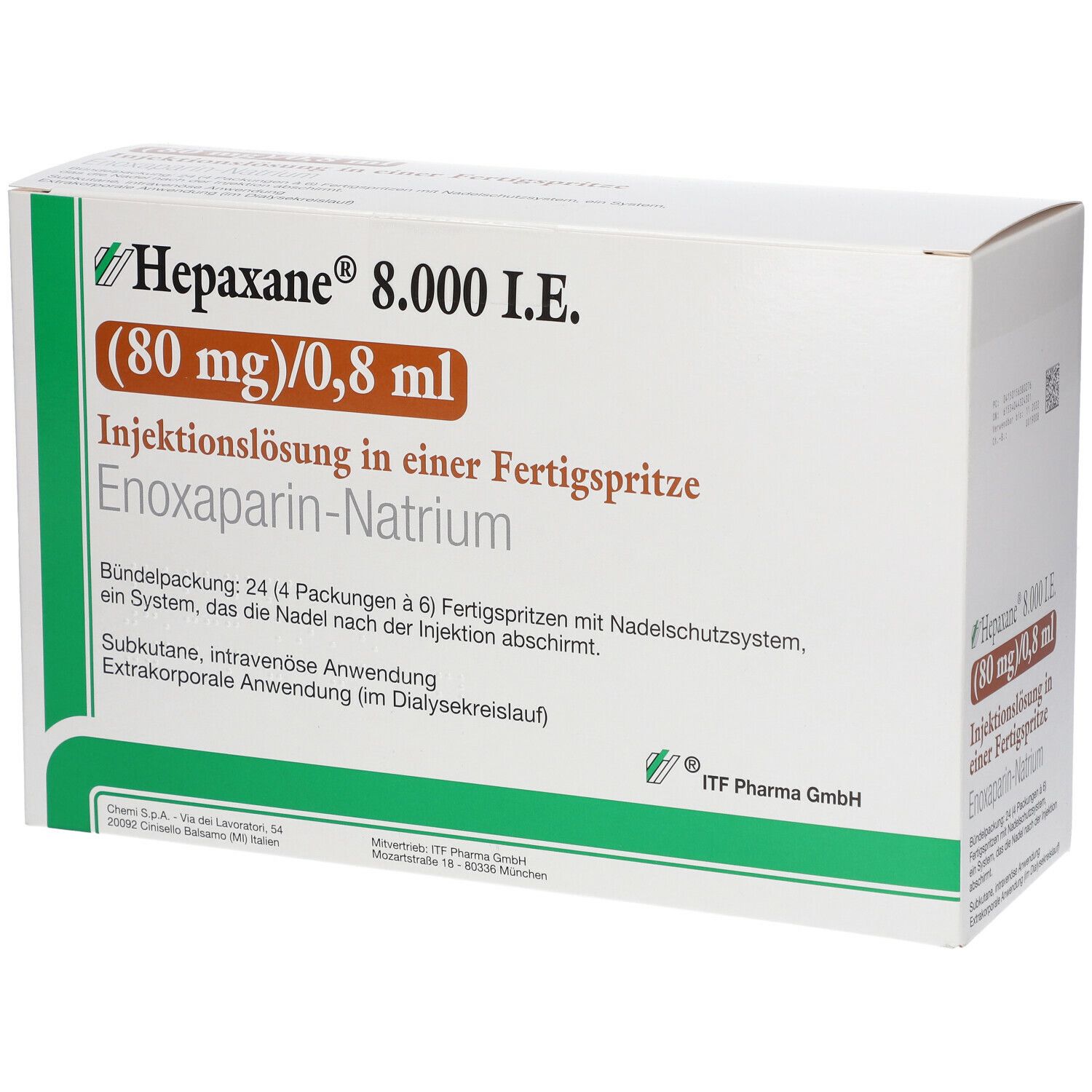 Karton von Hepaxane 8.000 I.E. mit Produktinformationen. Enthält Fertigspritzen. Grün-weiße Verpackung.