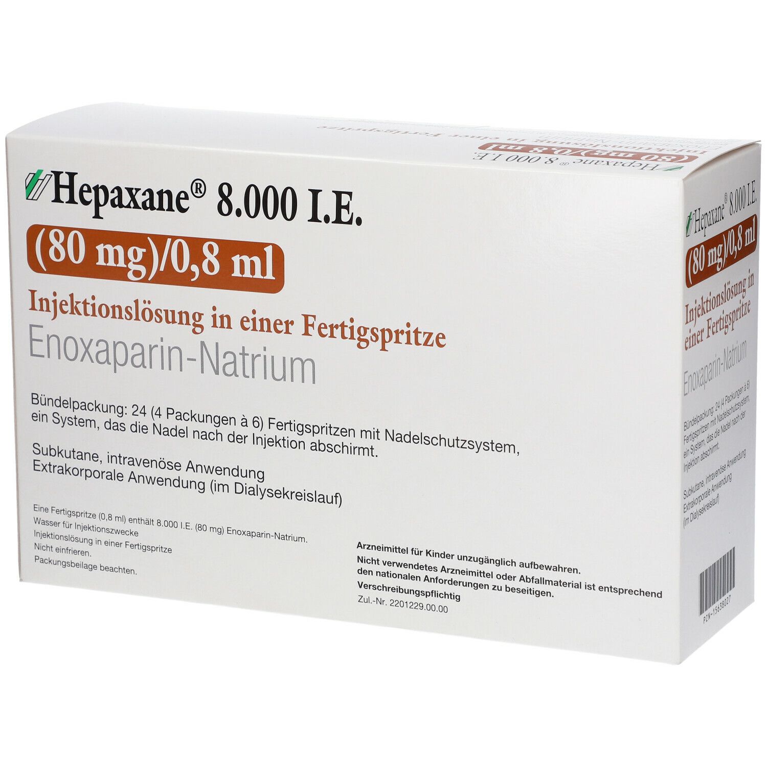 Karton von Hepaxane 8.000 I.E. mit Produktinformationen. Enthält Fertigspritzen. Grün-weiße Verpackung.