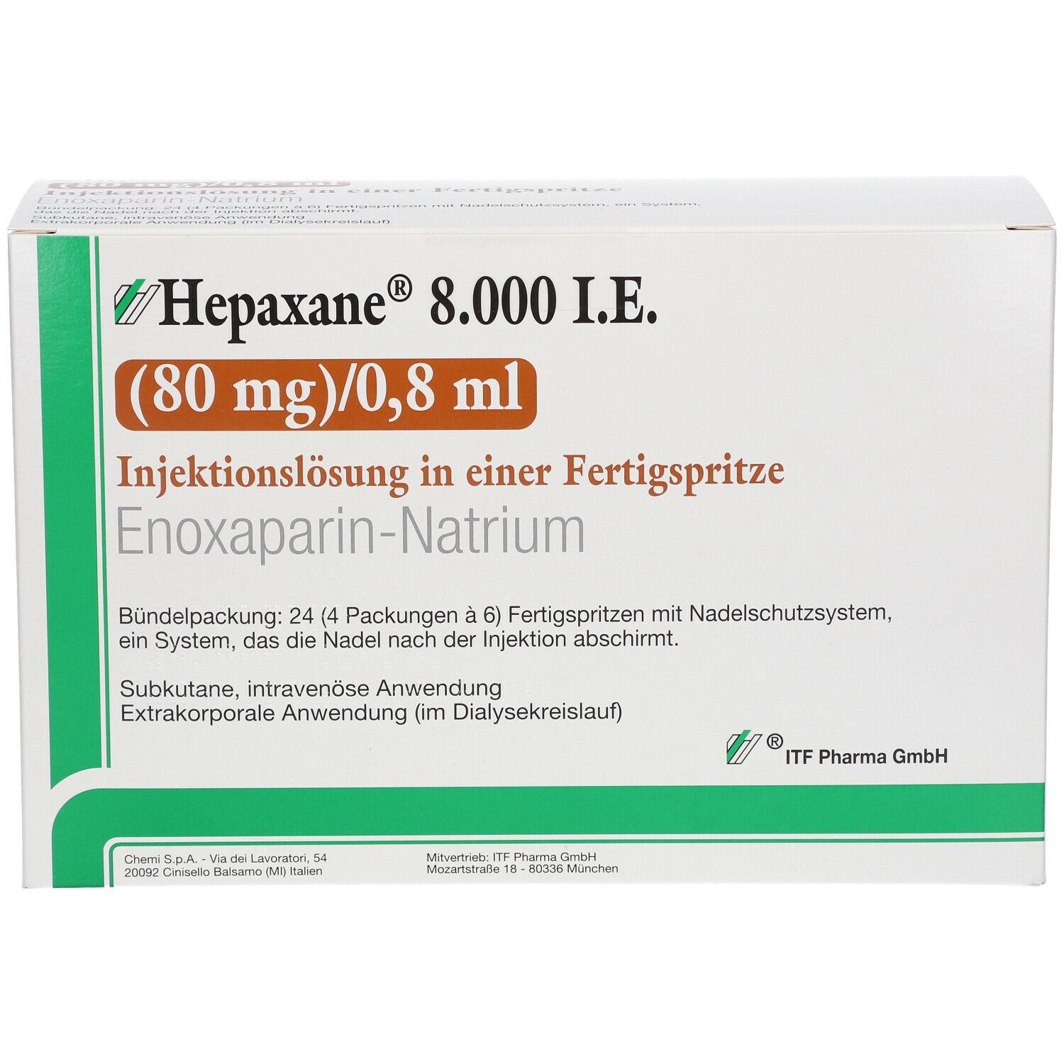 Karton von Hepaxane 8.000 I.E. mit Produktinformationen. Enthält Fertigspritzen. Grün-weiße Verpackung.