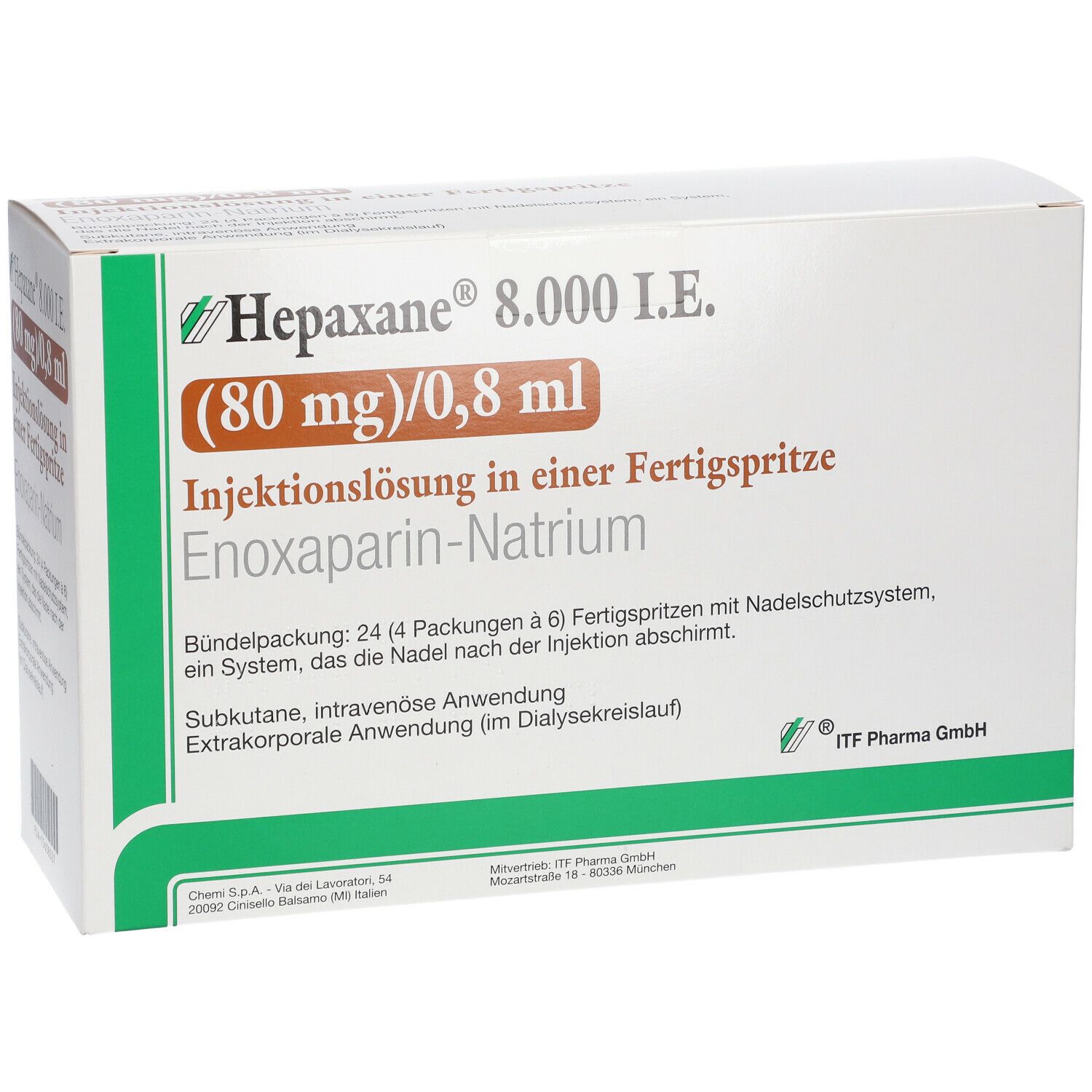 Karton von Hepaxane 8.000 I.E. mit Produktinformationen. Enthält Fertigspritzen. Grün-weiße Verpackung.