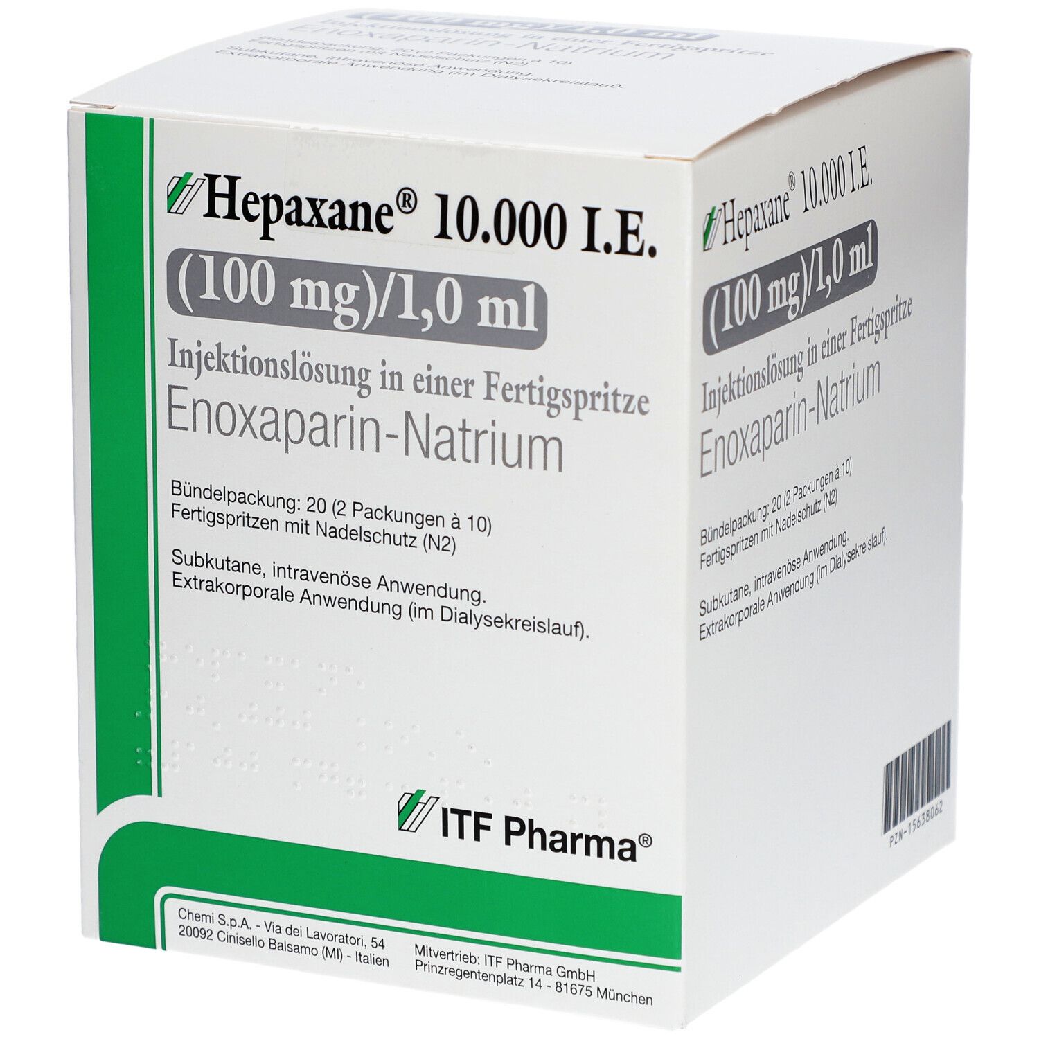 Weißer Karton mit grünen und schwarzen Texten. Aufschrift: Hepaxane 10.000 I.E. Injektionslösung. ITF Pharma Logo.