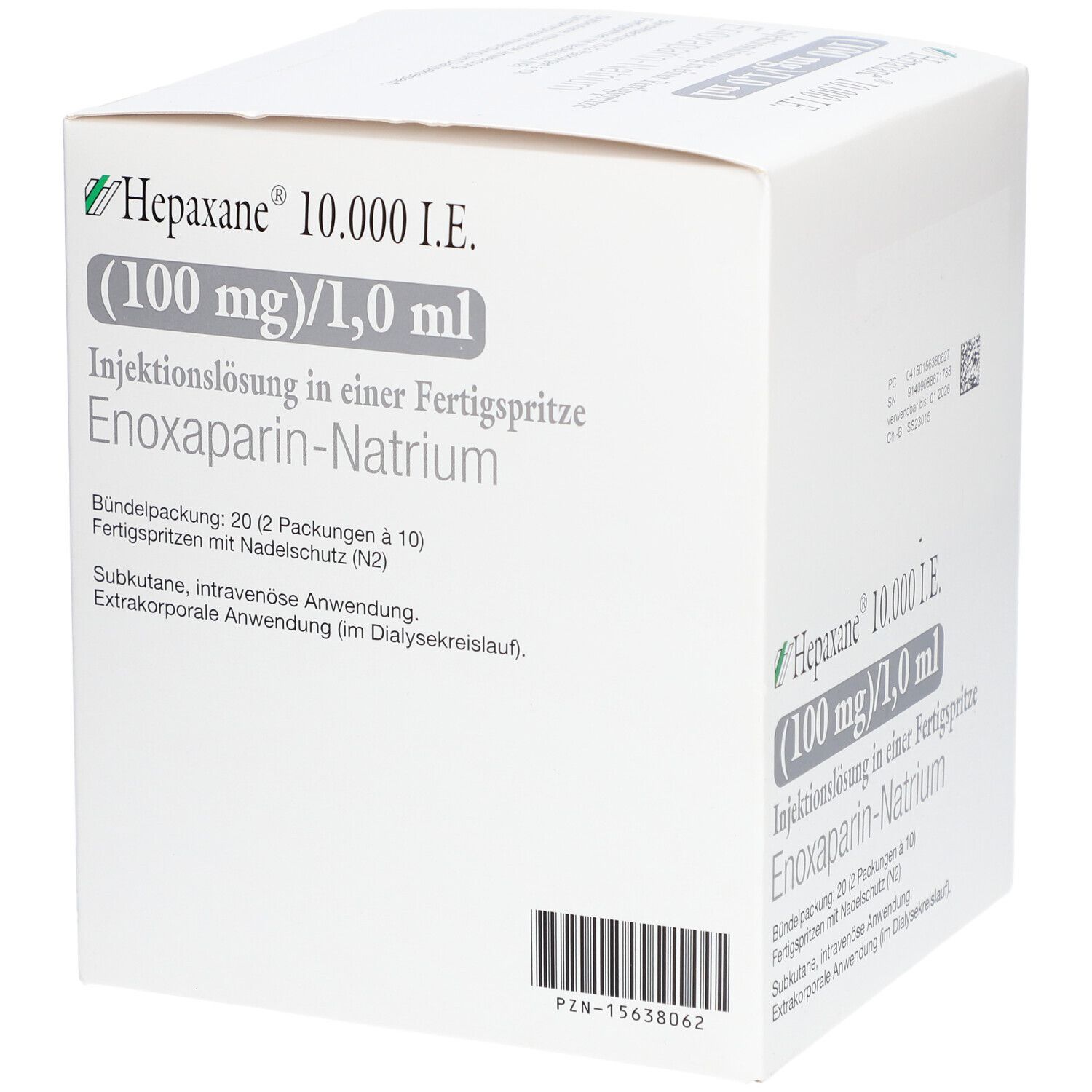 Weißer Karton mit grünen und schwarzen Texten. Aufschrift: Hepaxane 10.000 I.E. Injektionslösung. ITF Pharma Logo.