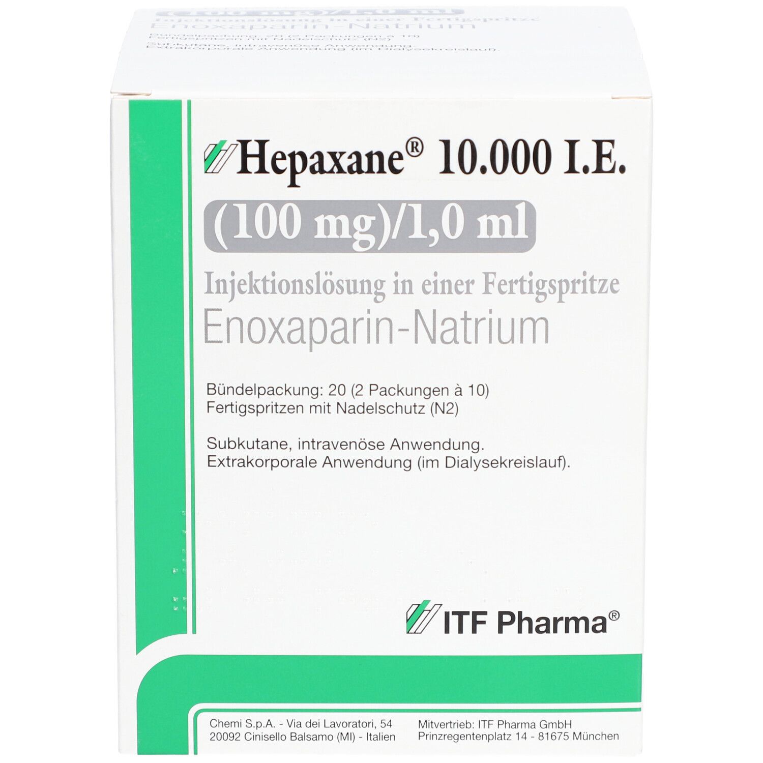 Weißer Karton mit grünen und schwarzen Texten. Aufschrift: Hepaxane 10.000 I.E. Injektionslösung. ITF Pharma Logo.