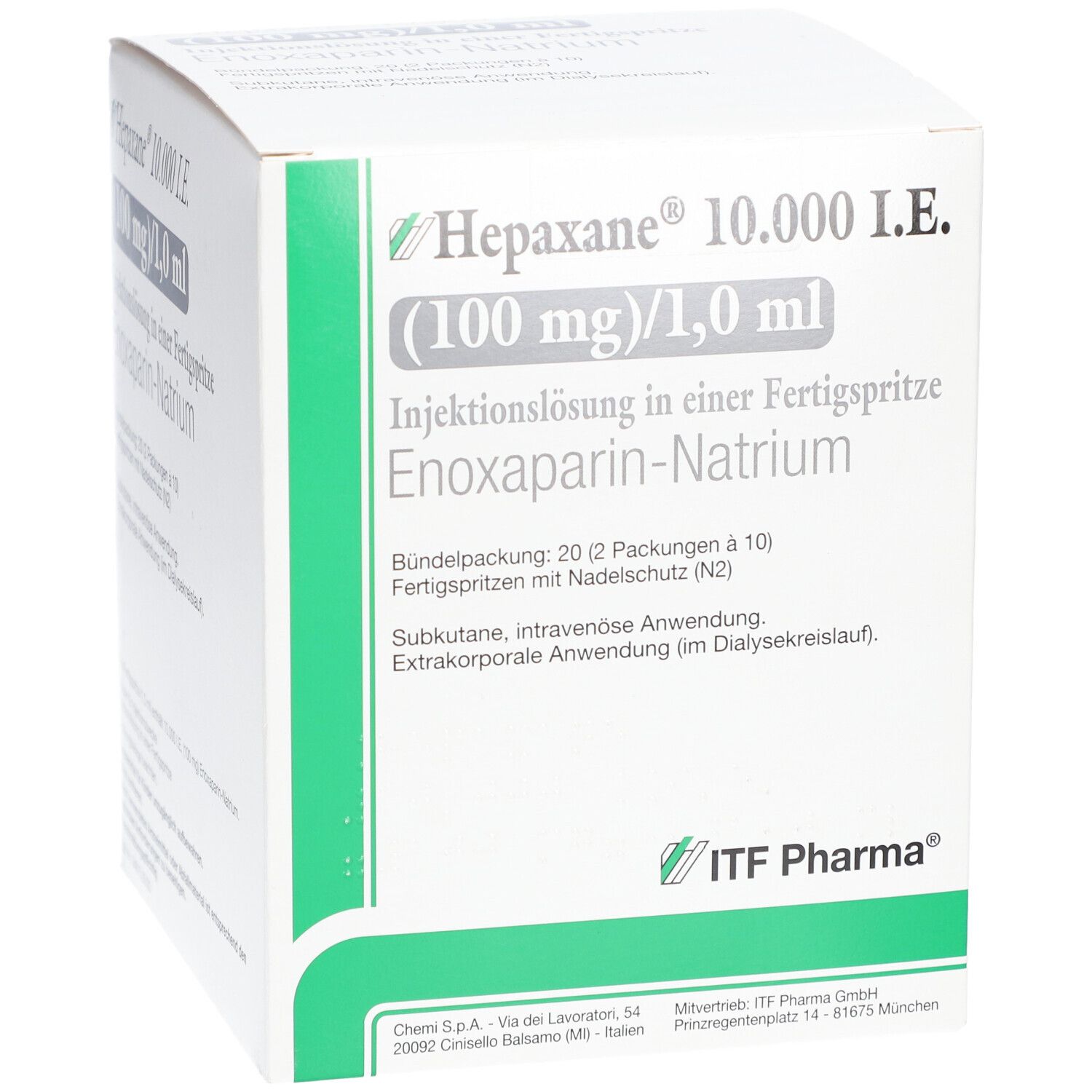 Weißer Karton mit grünen und schwarzen Texten. Aufschrift: Hepaxane 10.000 I.E. Injektionslösung. ITF Pharma Logo.