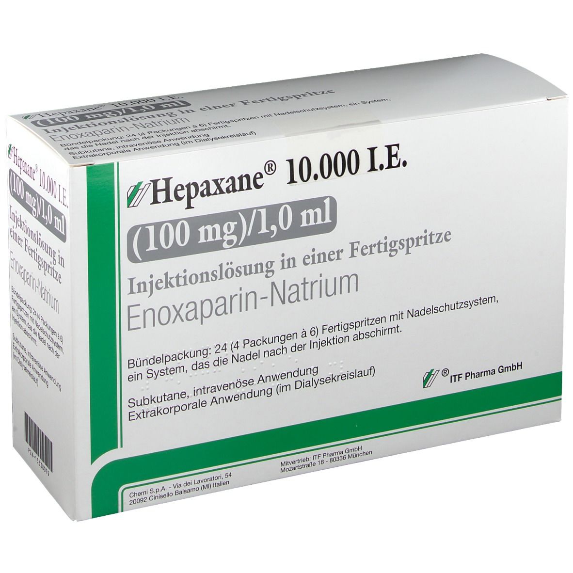 Verpackung von Hepaxane 10.000 I.E. mit grünen und weißen Elementen. Text: Injektionslösung in Fertigspritze, Enoxaparin-Natrium.