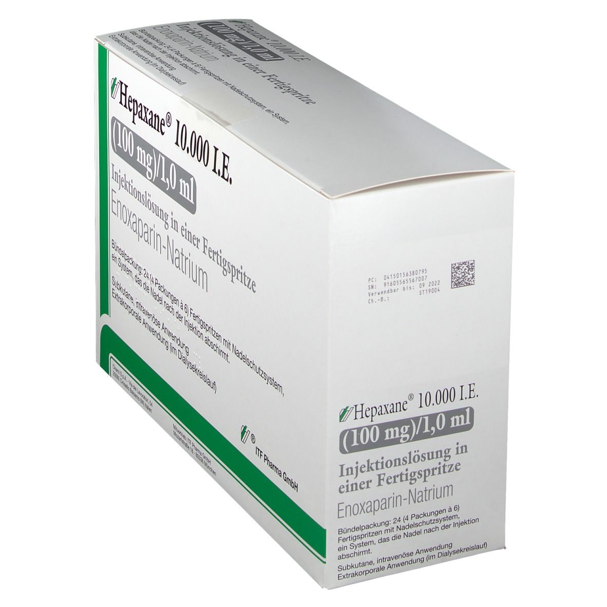 Schräg gestellte Verpackung von Hepaxane 10.000 I.E. mit grünen Akzenten. Text: Injektionslösung in Fertigspritze, Enoxaparin-Natrium.