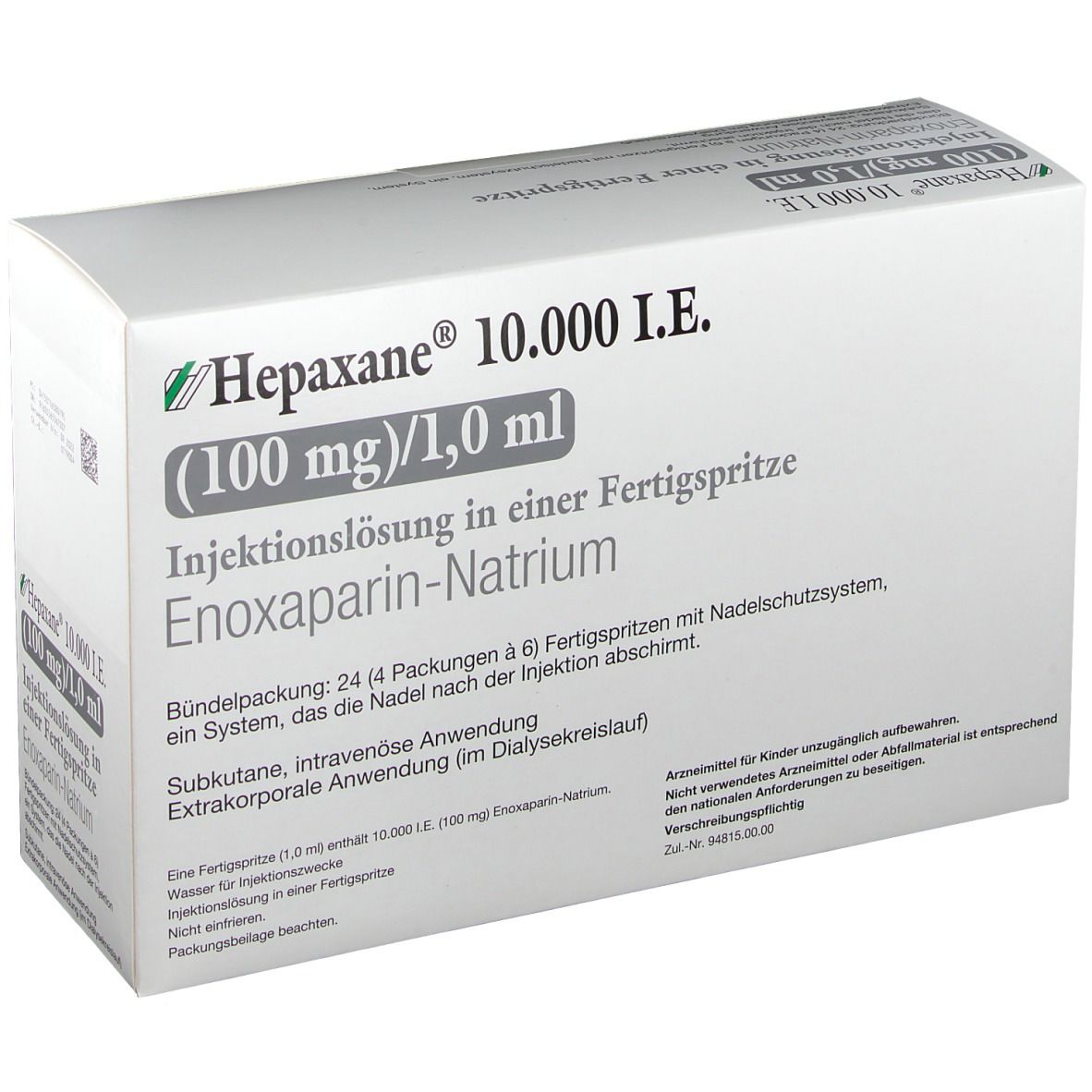 Verpackung von Hepaxane 10.000 I.E. mit grünen und weißen Elementen. Text: Injektionslösung in Fertigspritze, Enoxaparin-Natrium.