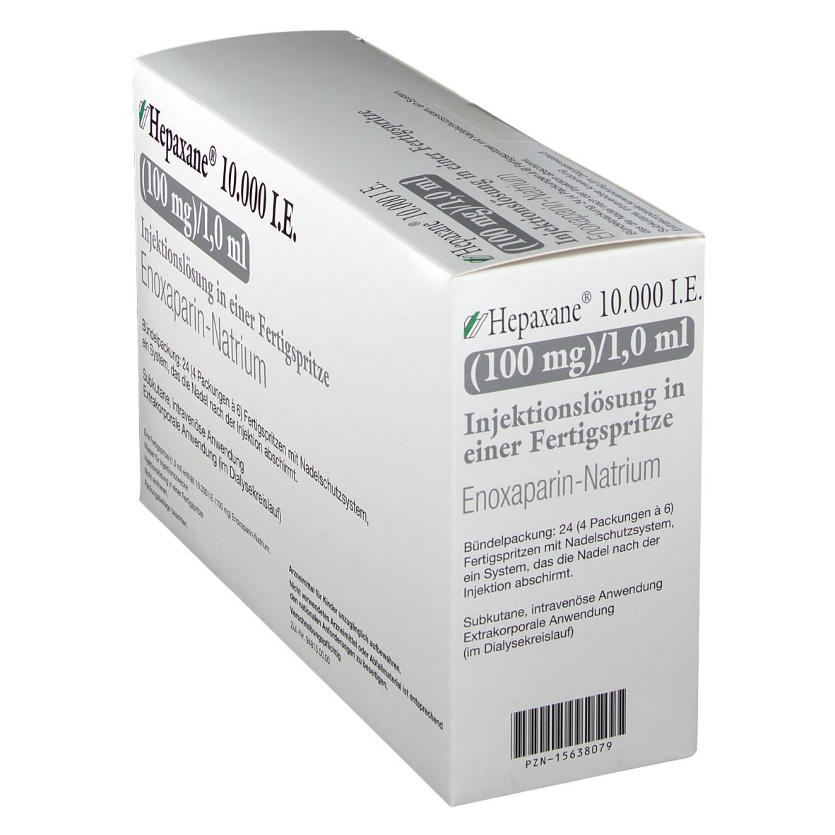 Schräg gestellte Verpackung von Hepaxane 10.000 I.E. mit grünen Akzenten. Text: Injektionslösung in Fertigspritze, Enoxaparin-Natrium.