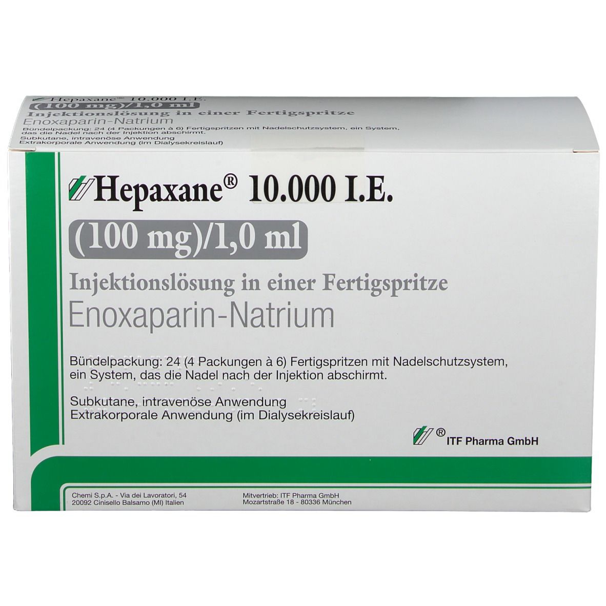 Verpackung von Hepaxane 10.000 I.E. mit grünen und weißen Elementen. Text: Injektionslösung in Fertigspritze, Enoxaparin-Natrium.