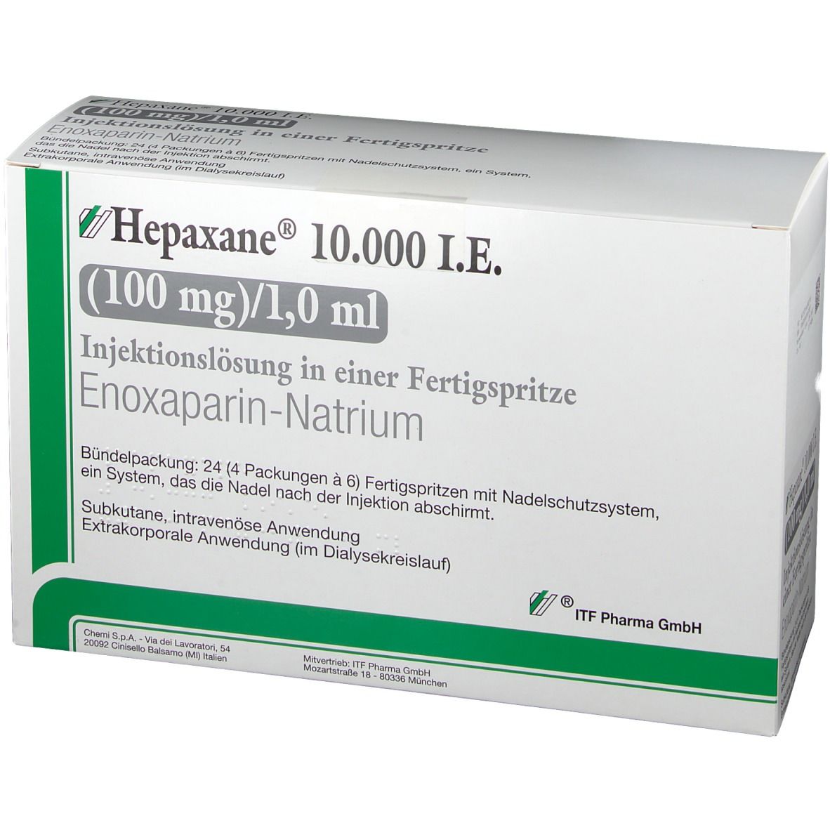 Verpackung von Hepaxane 10.000 I.E. mit grünen und weißen Elementen. Text: Injektionslösung in Fertigspritze, Enoxaparin-Natrium.