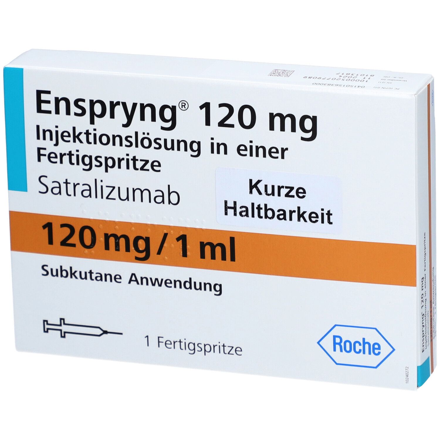 Karton mit Aufschrift: Enspryng 120 mg, Injektionslösung, Fertigspritze, Satralizumab. Orangefarbener Streifen. Roche-Logo.