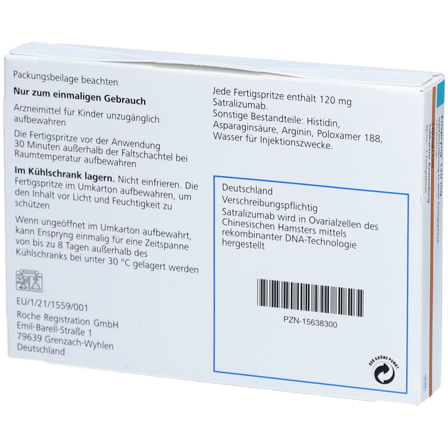 Rückseite der Verpackung. Text: Nur zur einmaligen Gebrauch. Inhaltsstoffe, Herstellerinformationen, PZN-Nummer, Roche-Logo.