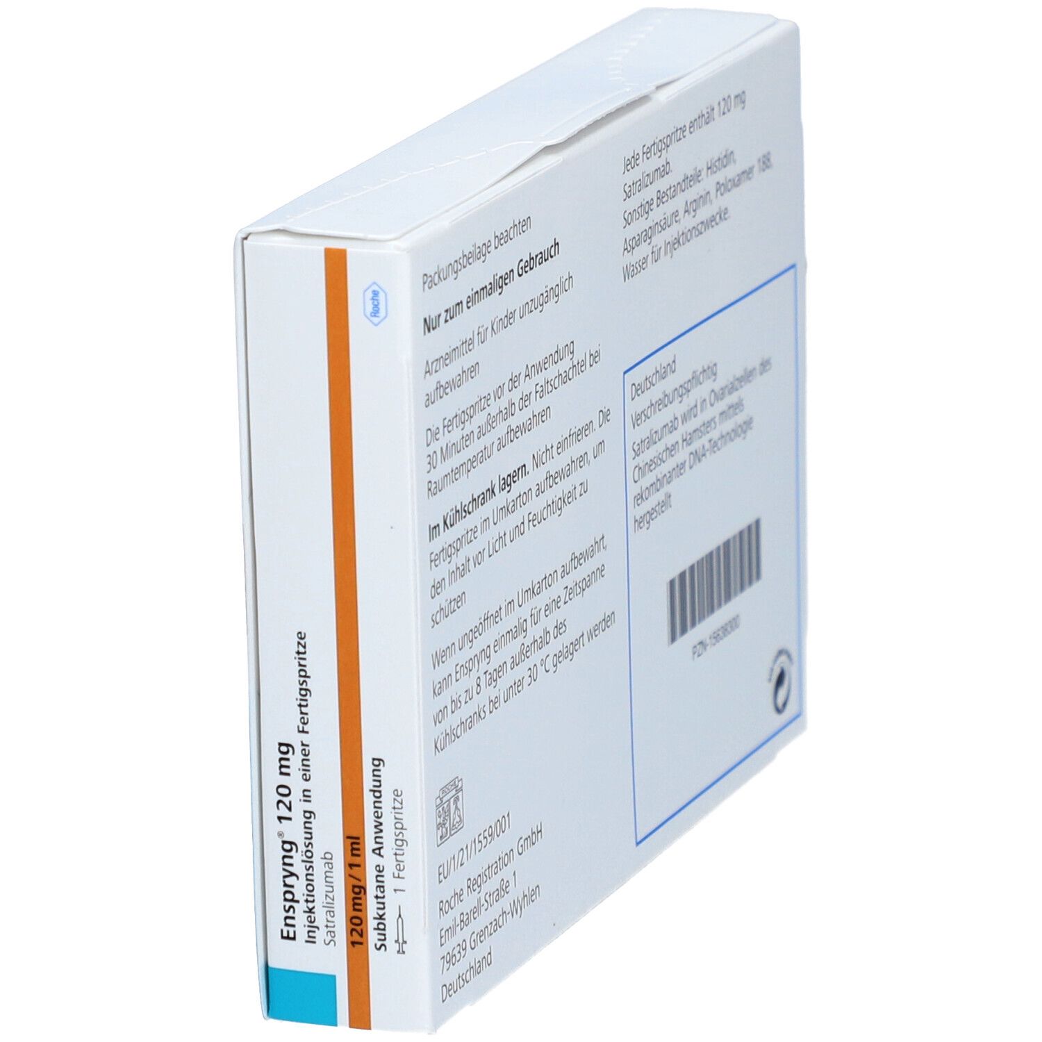 Schräg stehende Verpackung. Rückseite mit Text: Nur zur einmaligen Gebrauch. Inhaltsstoffe, Herstellerinformationen, PZN-Nummer, Roche-Logo.