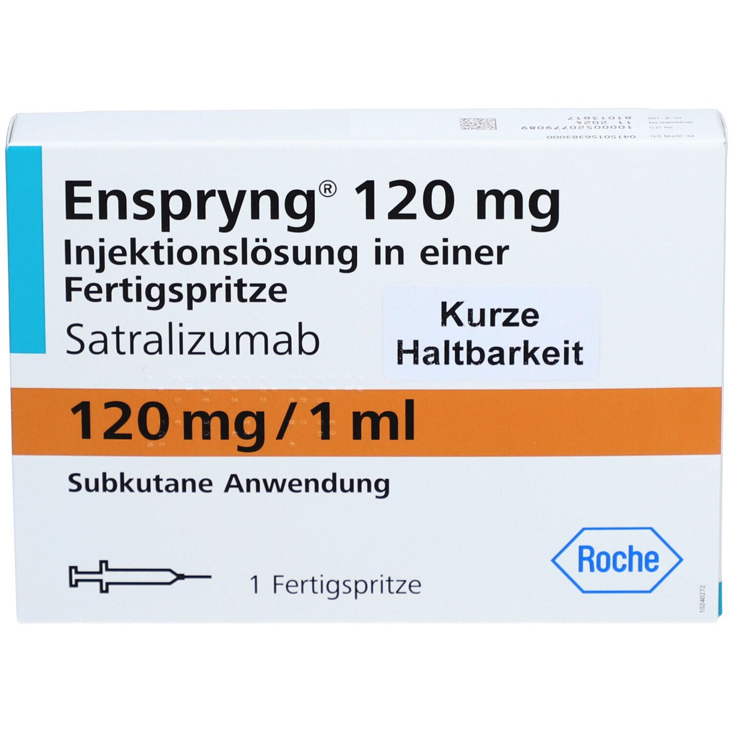 Karton mit Aufschrift: Enspryng 120 mg, Injektionslösung, Fertigspritze, Satralizumab. Orangefarbener Streifen. Roche-Logo.