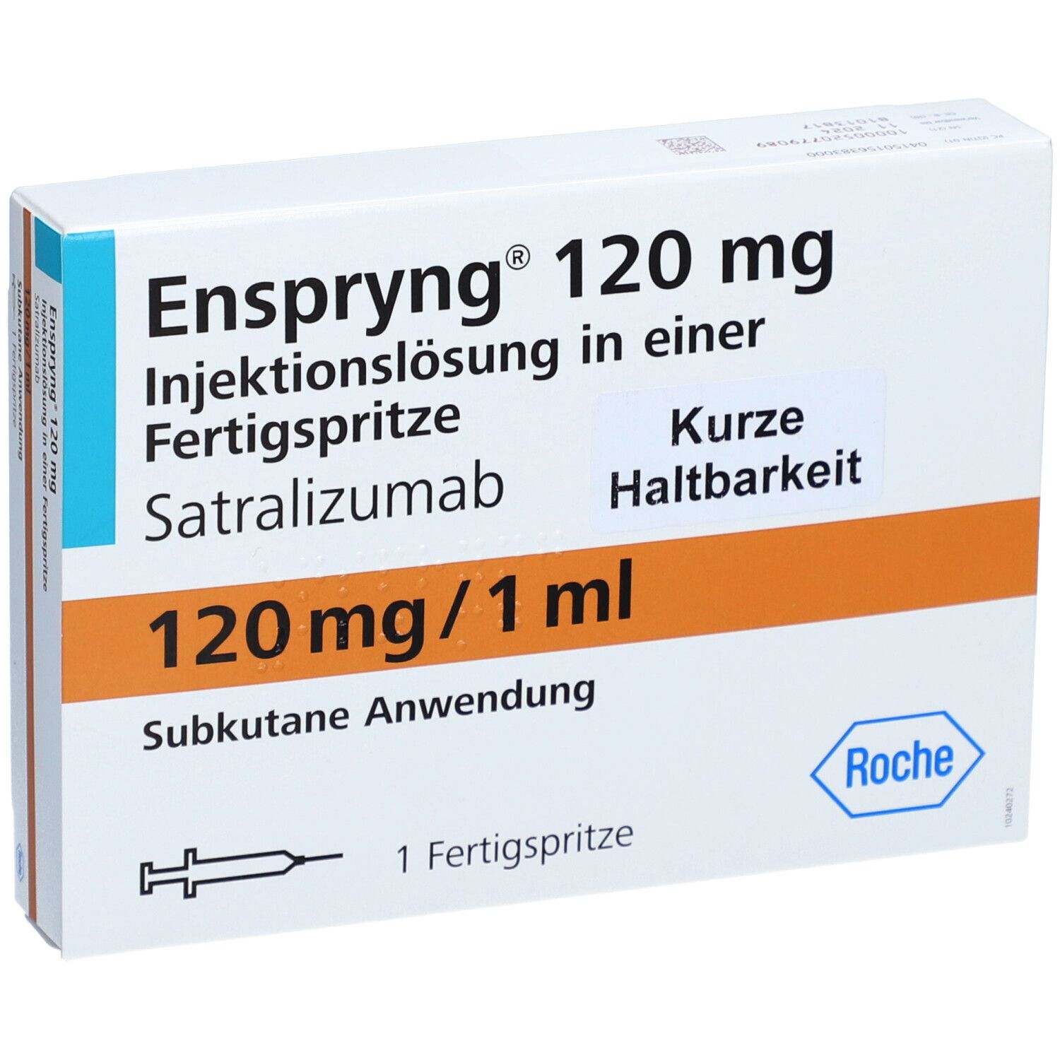 Karton mit Aufschrift: Enspryng 120 mg, Injektionslösung, Fertigspritze, Satralizumab. Orangefarbener Streifen. Roche-Logo.