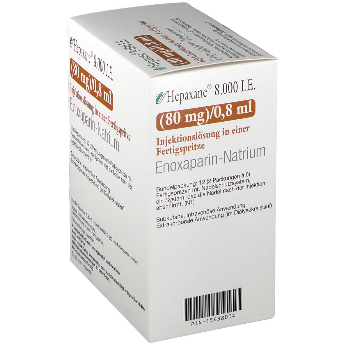 Schräg gestellte Verpackung von Hepaxane 8.000 I.E. 80 mg/0,8 ml. Beschriftung: Enoxaparin-Natrium, Injektionslösung in Fertigspritze.