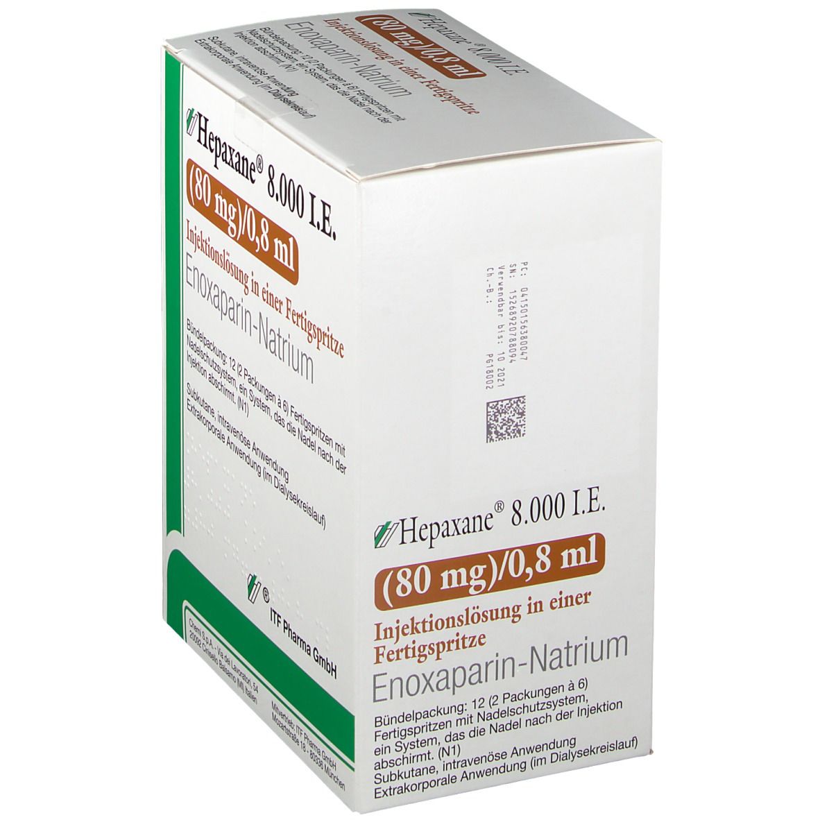 Schräg gestellte Verpackung von Hepaxane 8.000 I.E. 80 mg/0,8 ml. Beschriftung: Enoxaparin-Natrium, Injektionslösung in Fertigspritze.