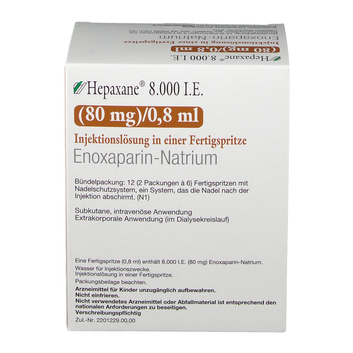 Verpackung von Hepaxane 8.000 I.E. 80 mg/0,8 ml. Beschriftung: Enoxaparin-Natrium, Injektionslösung in Fertigspritze.