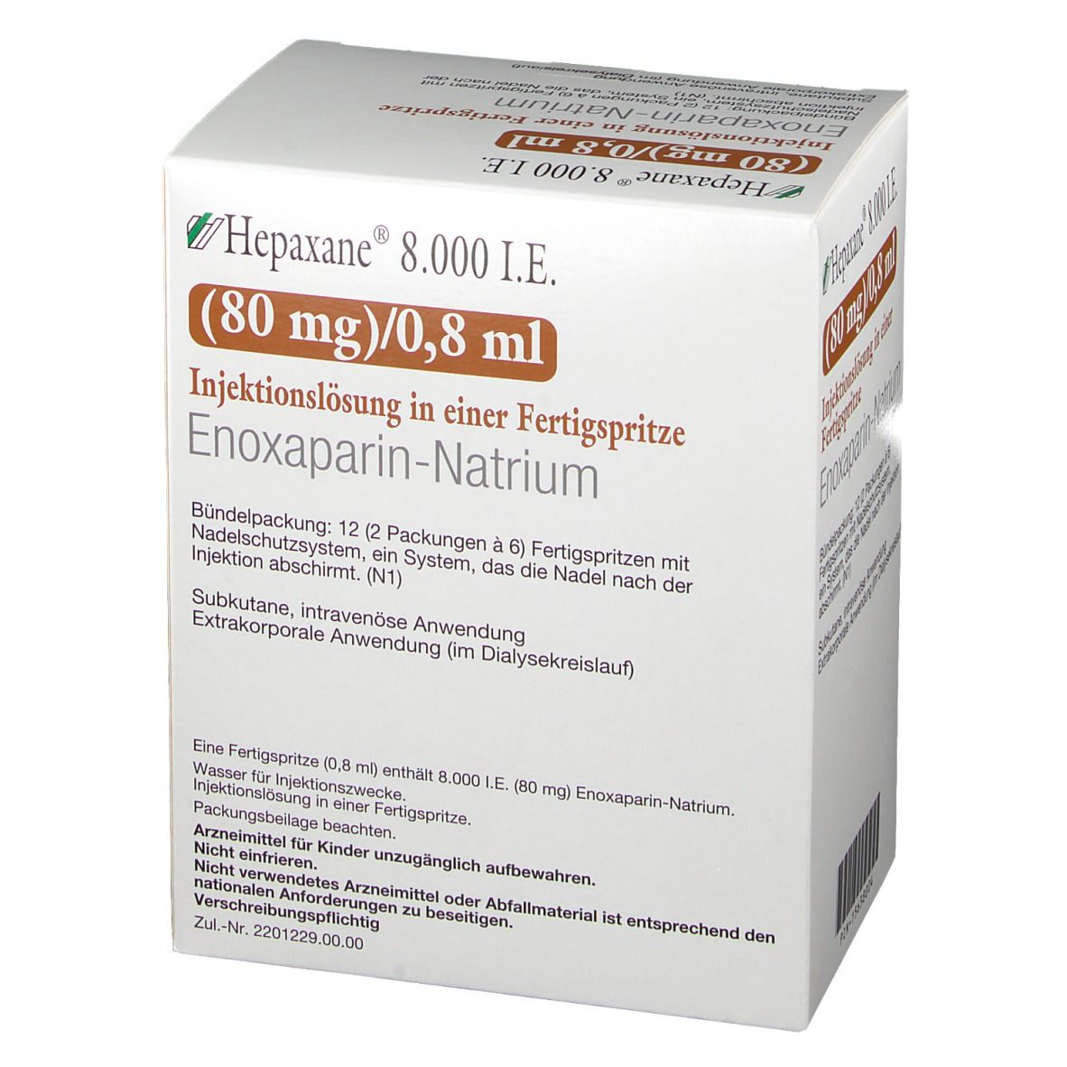 Schräg gestellte Verpackung von Hepaxane 8.000 I.E. 80 mg/0,8 ml. Beschriftung: Enoxaparin-Natrium, Injektionslösung in Fertigspritze.