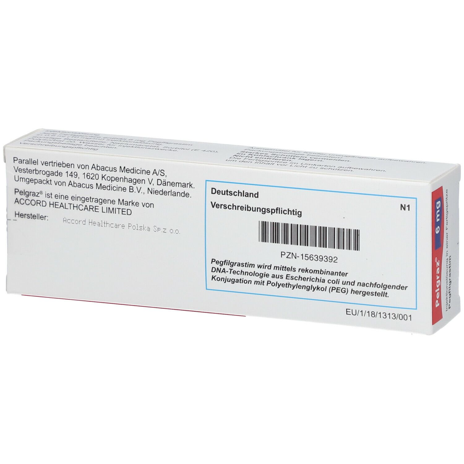 Rückseite der Pelgraz 6 mg Packung. Enthält Informationen zu Hersteller, Inhaltsstoffen und Verschreibungspflicht.