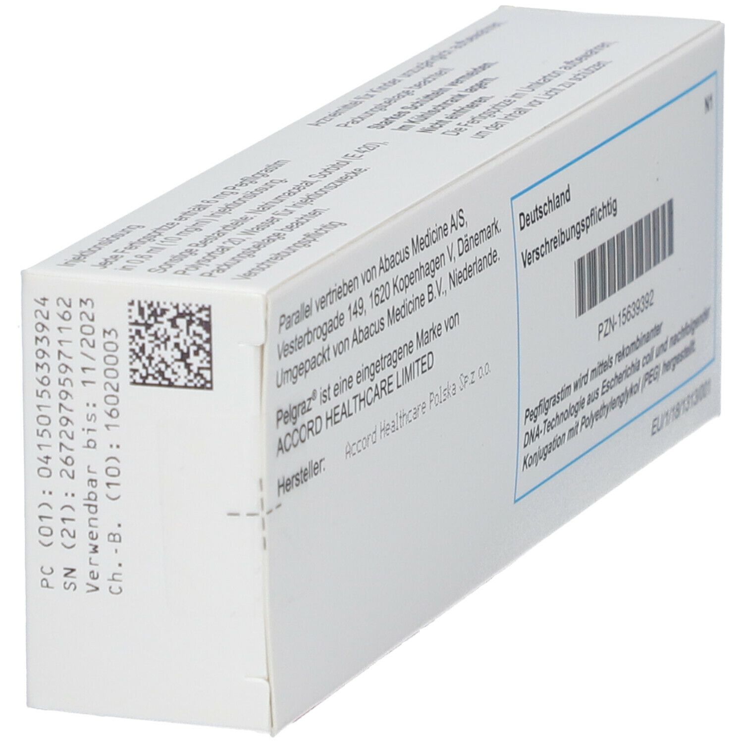 Schräge Ansicht der Rückseite der Pelgraz 6 mg Packung. Mit Informationen zu Hersteller, Inhaltsstoffen und Verschreibungspflicht.