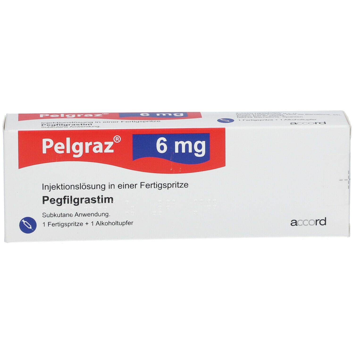 Pelgraz 6 mg Packung. Aufschrift: Pegfilgrastim, 6 mg. Enthält Injektionslösung in Fertigspritze. 1 Fertigspritze + 1 Alkoholtupfer.