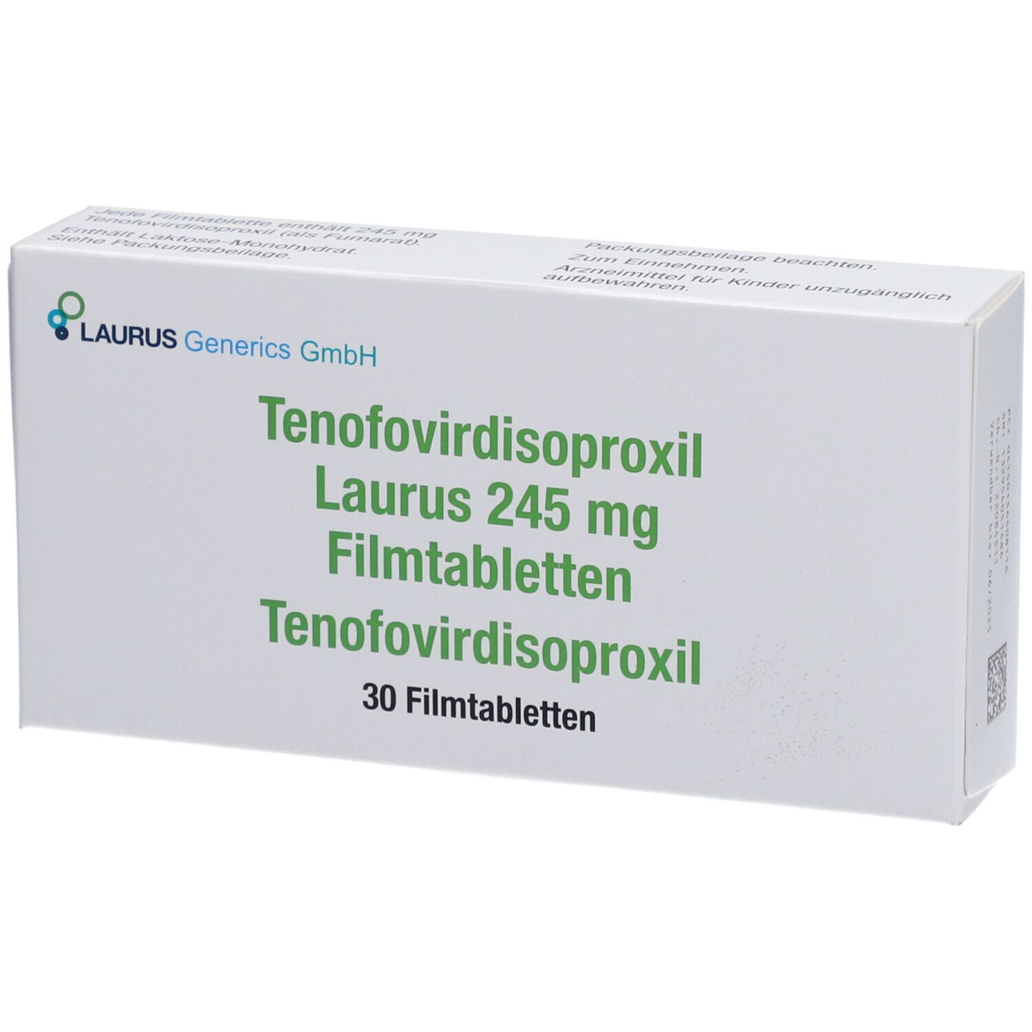Schachtel mit "TENOFOVIRDISOPROXIL Laurus 245 mg Filmtabletten". 30 Filmtabletten. Logo von Laurus Generics GmbH.