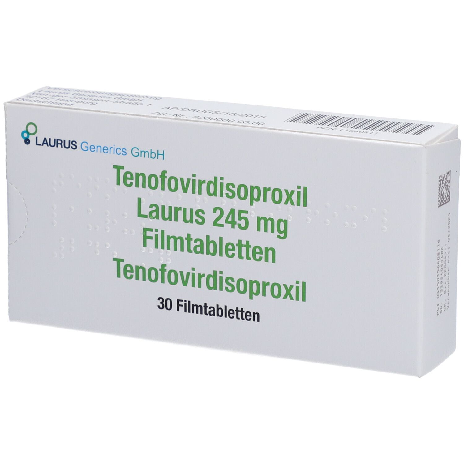 Schachtel "TENOFOVIRDISOPROXIL Laurus 245 mg Filmtabletten". 30 Filmtabletten. Logo Laurus Generics GmbH. Draufsicht.