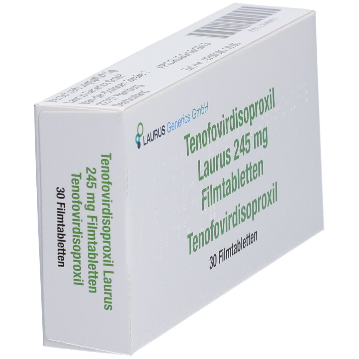 Schachtel "TENOFOVIRDISOPROXIL Laurus 245 mg Filmtabletten". 30 Filmtabletten. Logo Laurus Generics GmbH. Schrägansicht.