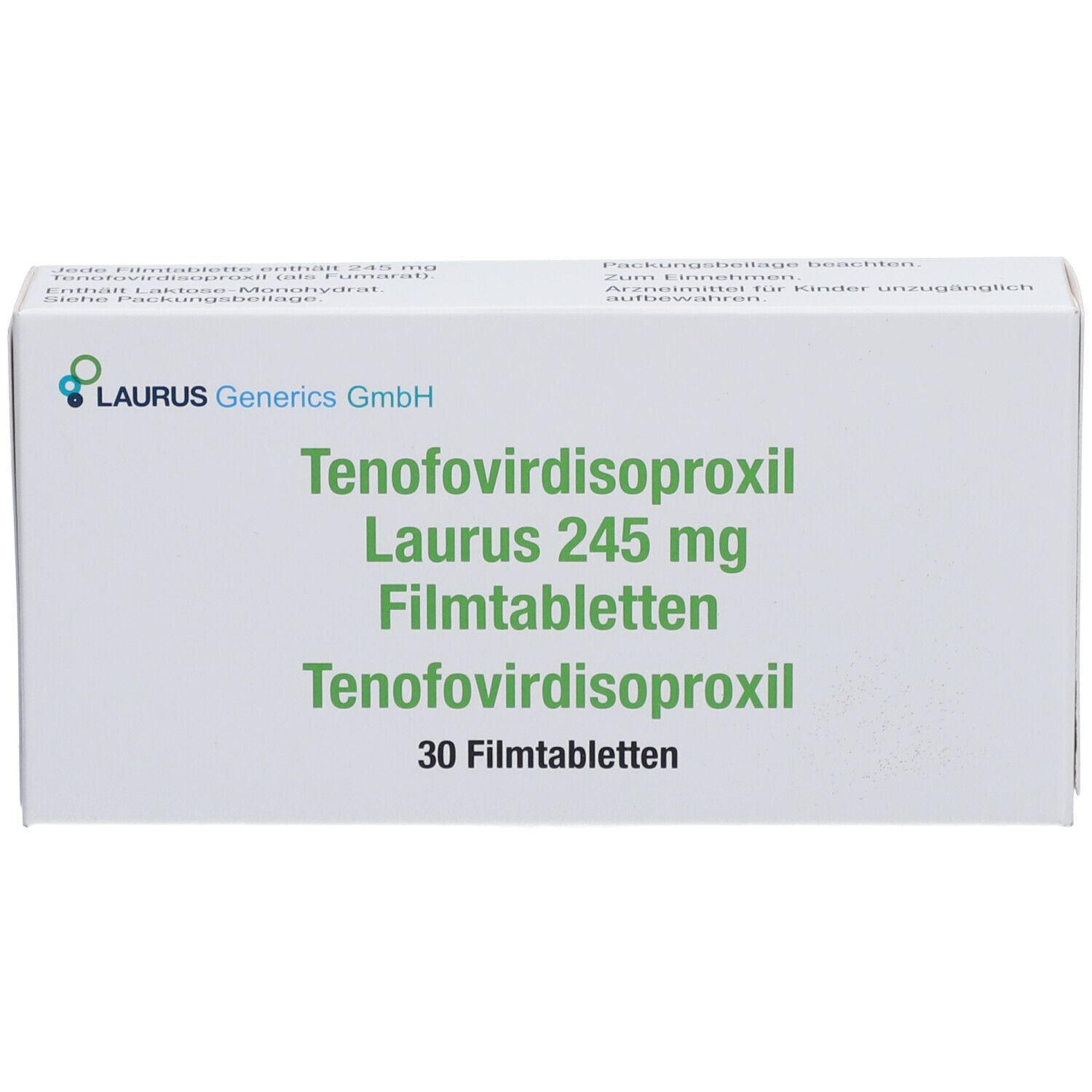 Schachtel "TENOFOVIRDISOPROXIL Laurus 245 mg Filmtabletten". 30 Filmtabletten. Logo Laurus Generics GmbH. Vorderansicht.