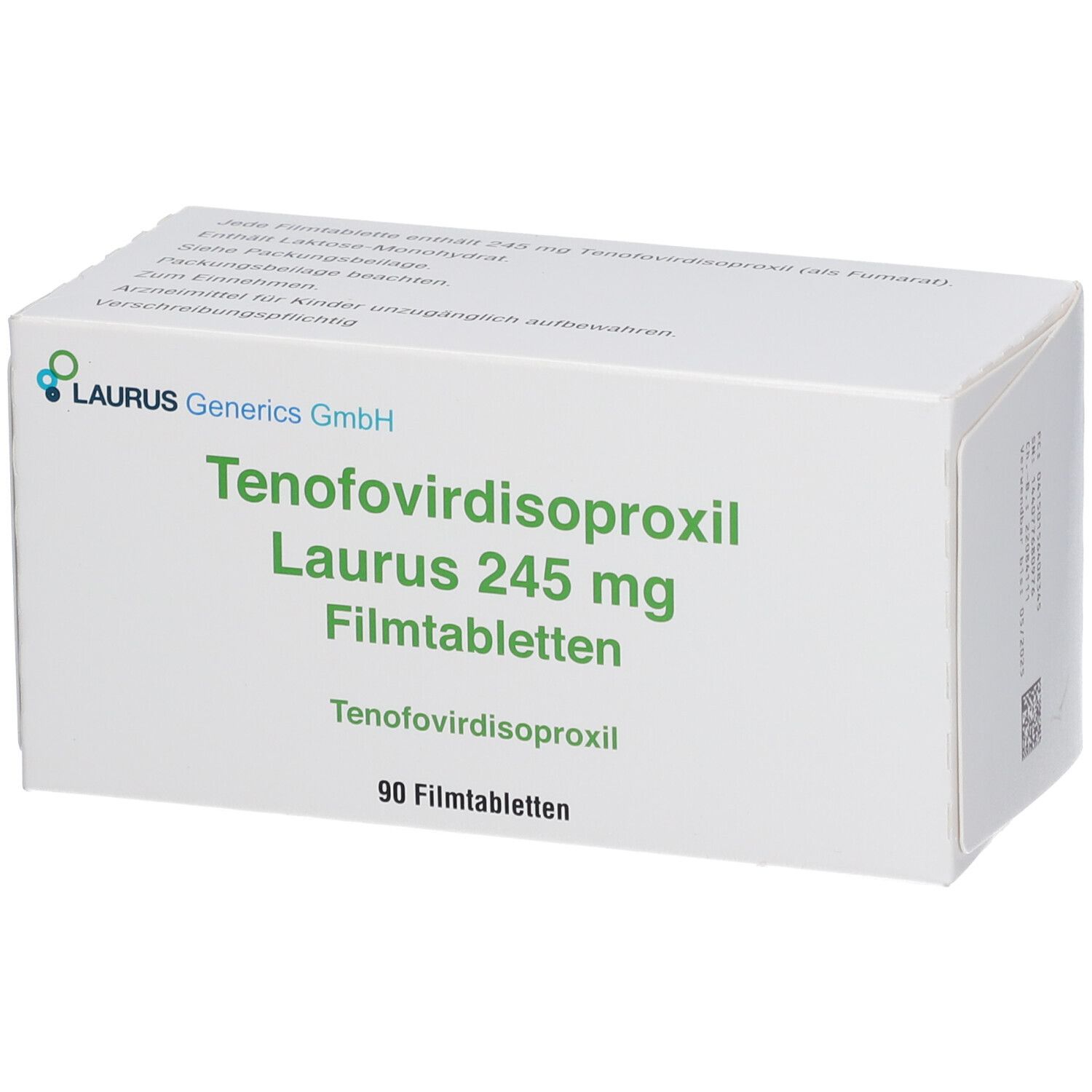 Schachtel mit Tenofovirdisoproxil Laurus 245 mg Filmtabletten. Enthält 90 Filmtabletten. LAURUS Generics GmbH.