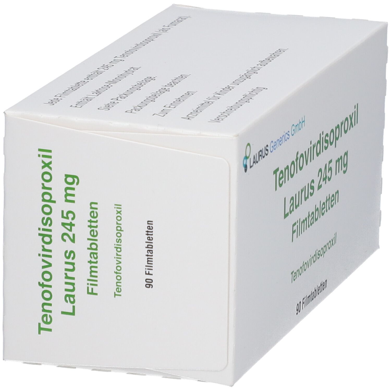 Schachtel mit Tenofovirdisoproxil Laurus 245 mg Filmtabletten. Enthält 90 Filmtabletten. LAURUS Generics GmbH.