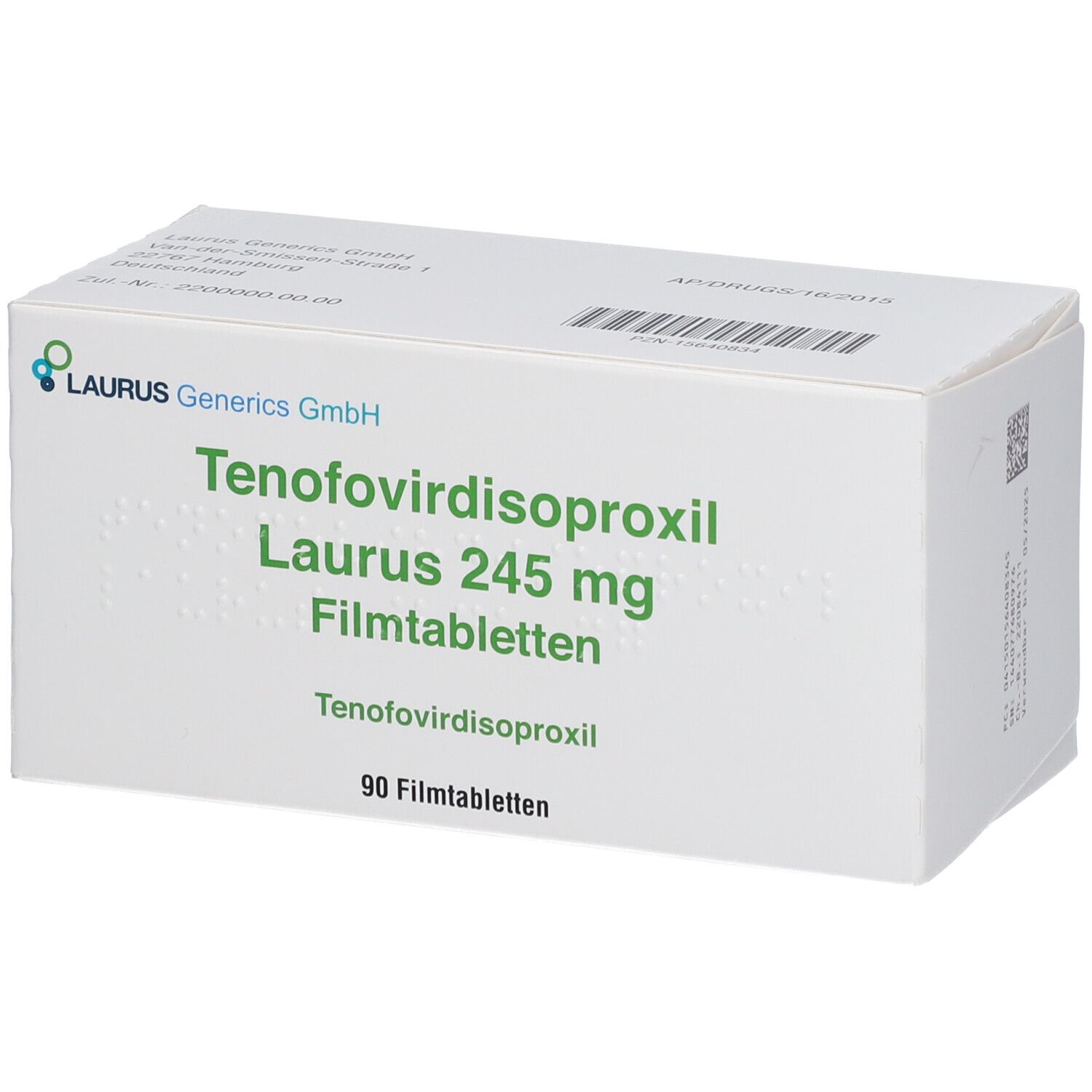Schachtel mit Tenofovirdisoproxil Laurus 245 mg Filmtabletten. Enthält 90 Filmtabletten. LAURUS Generics GmbH.