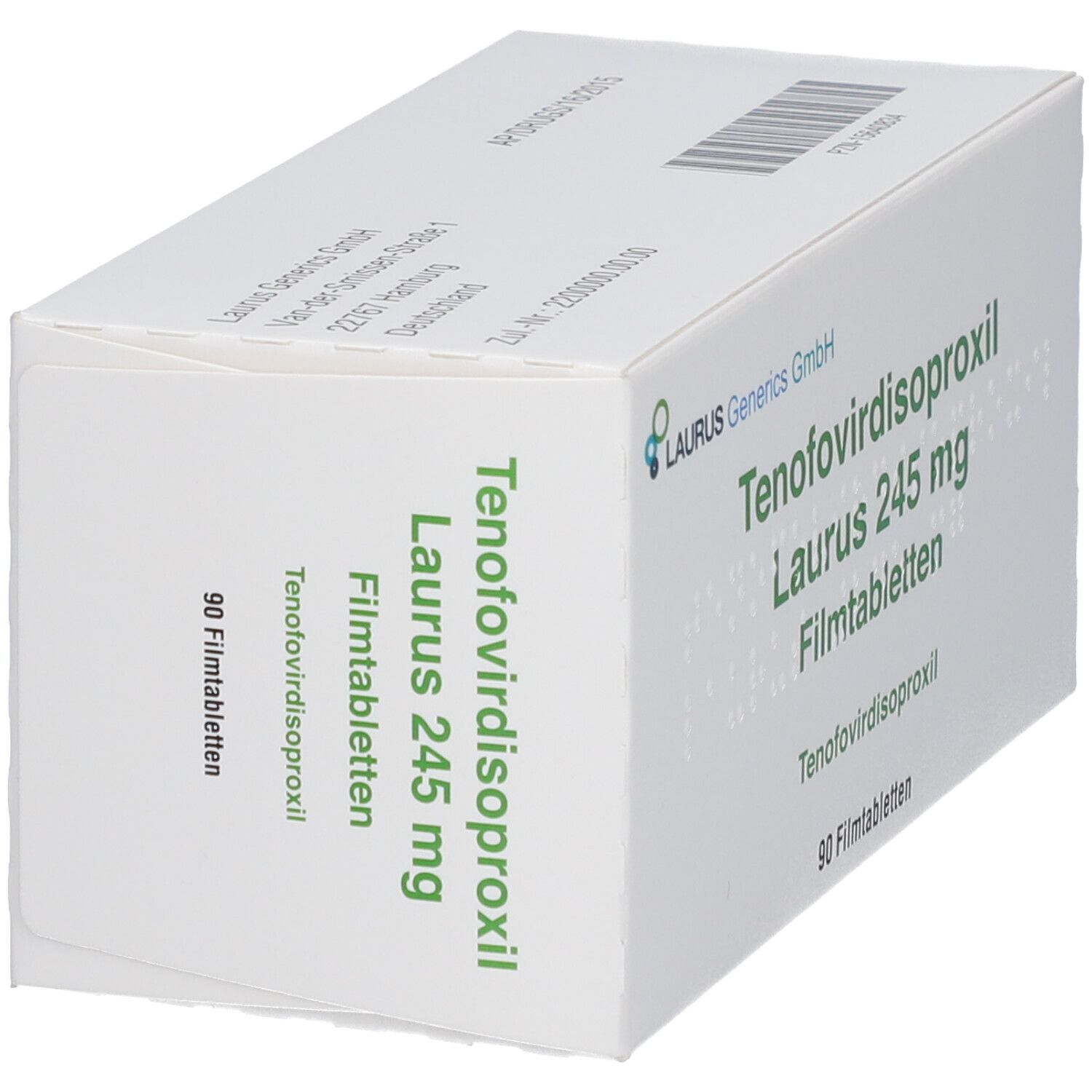 Schachtel mit Tenofovirdisoproxil Laurus 245 mg Filmtabletten. Enthält 90 Filmtabletten. LAURUS Generics GmbH.